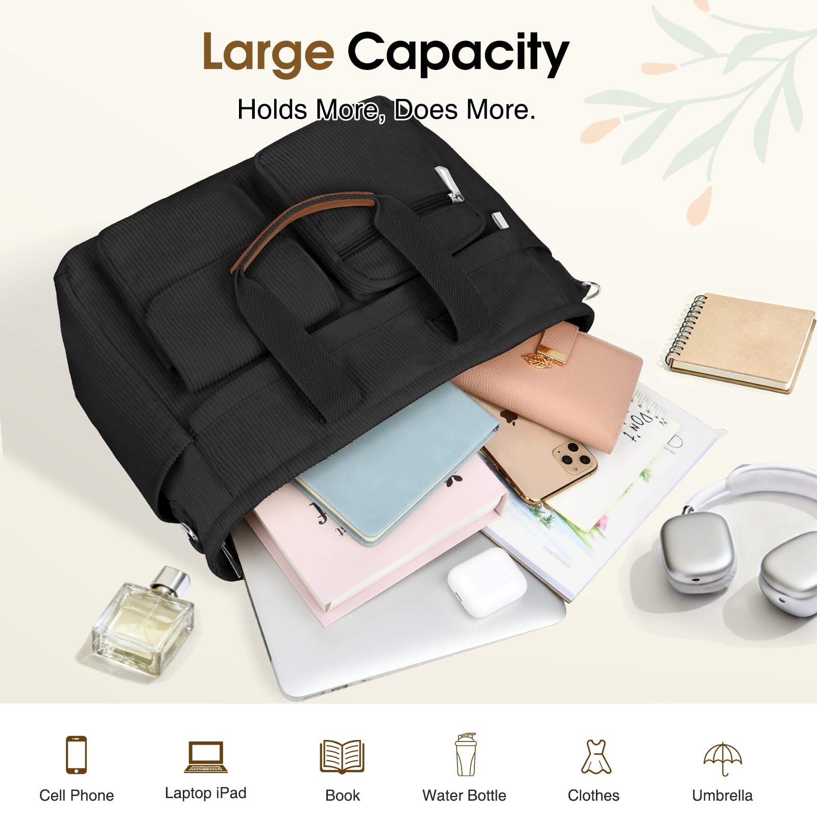 Sac a Main Femme en Velours Côtelé, Grand Tote Bag Bandoulière Réglable avec Fermeture à Glissière et Poches, Léger Sacs à main Ordinateur 13-14" pour Travail Shopping Université Voyage