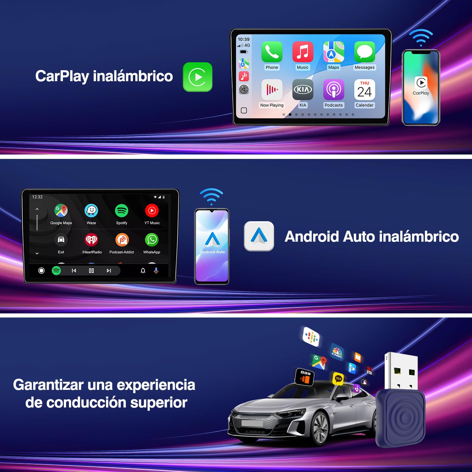Carlinkit Adaptador inalámbrico CarPlay/Android Auto USB Mini Ultra para CarPlay con cable de fábrica y Android Auto con cable OEM, Plug & Play Wireless CarPlay/Android Auto Dongle compatible con iOS