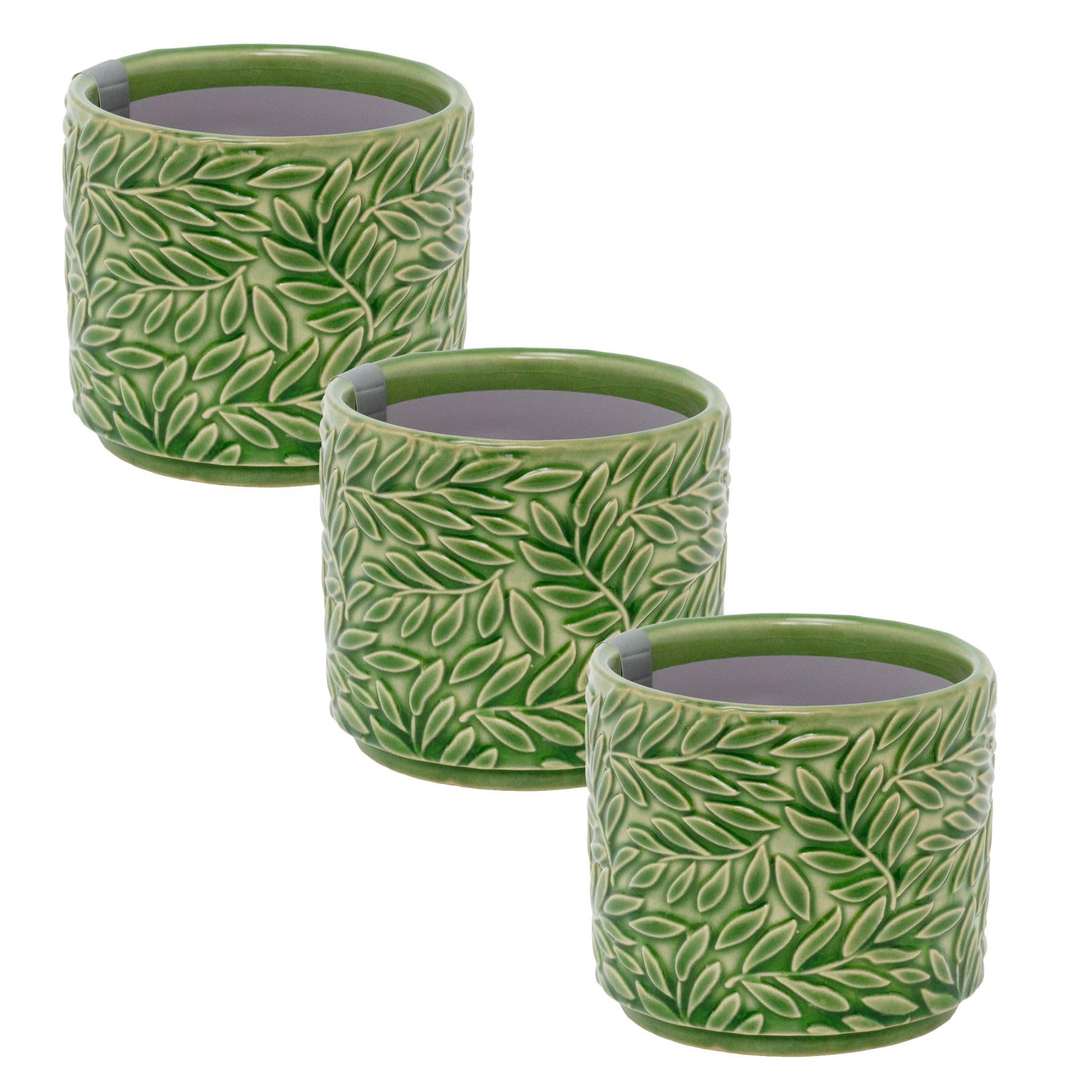 Carousel Home Set of 3 Mini Green Willow Stoneware Plant Pots, 7cm Small Ceramic Planters Cachepots for Succulents, Herbs and Indoor Plants