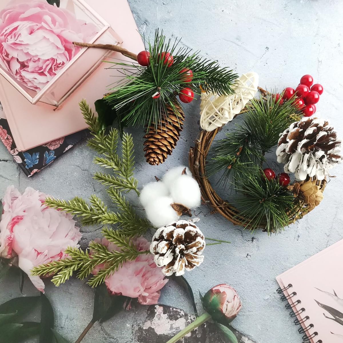 TIHOOD 62PCS Artificial Pine Needles Branches Garland-6.7x2.0 Inch Green Plants Pine Needles,Fake Greenery Pine Picks for DIY Garland Wreath Christmas Embellishing and Home Garden Decoration - Image 4