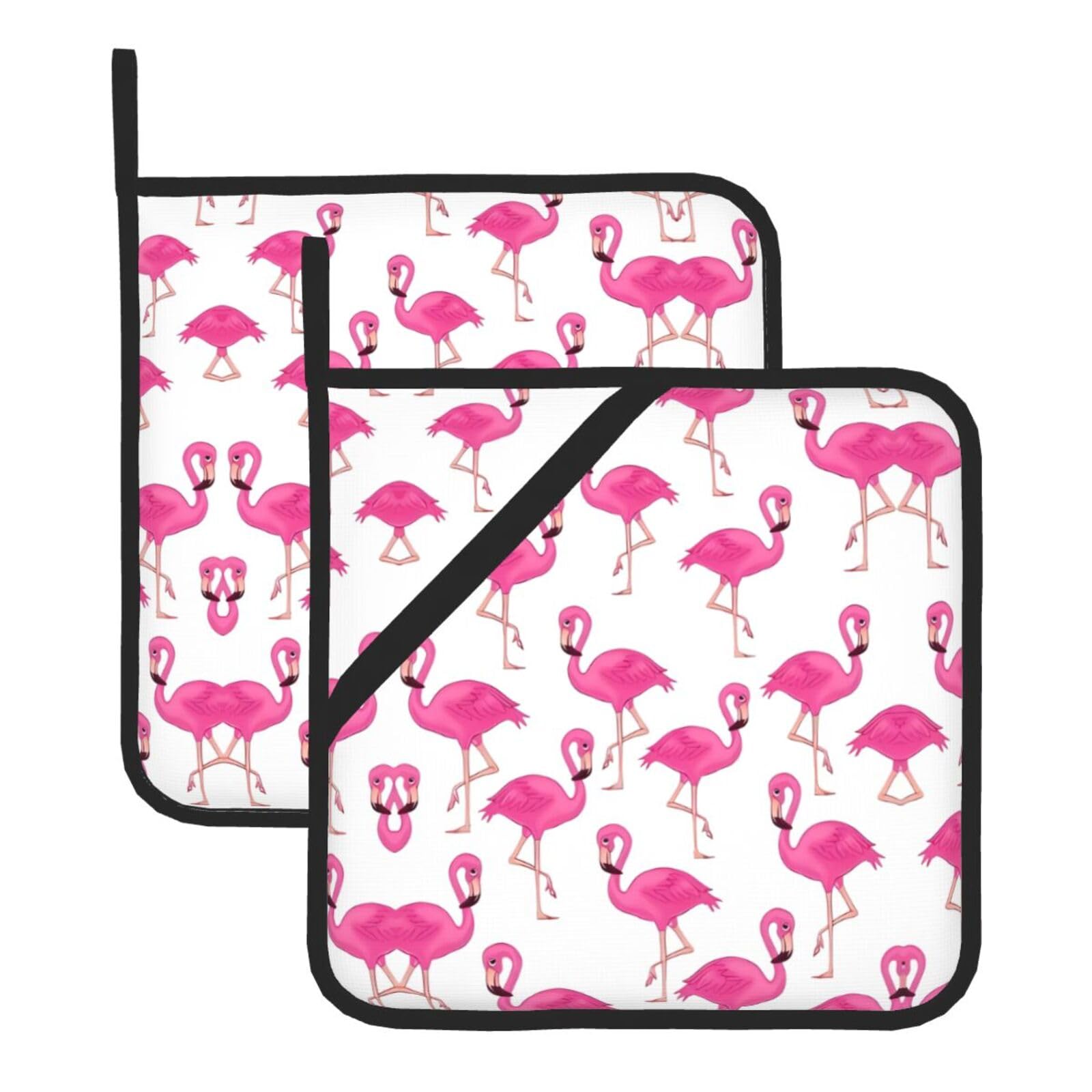 WHJSHOP pink flamingo Prints Square Hot Pads for Kitchen - Waterproof Pot Covers with Hanging Loops - Thick Heat Resistant Trivets for Serving & BBQ, 2-Piece Set