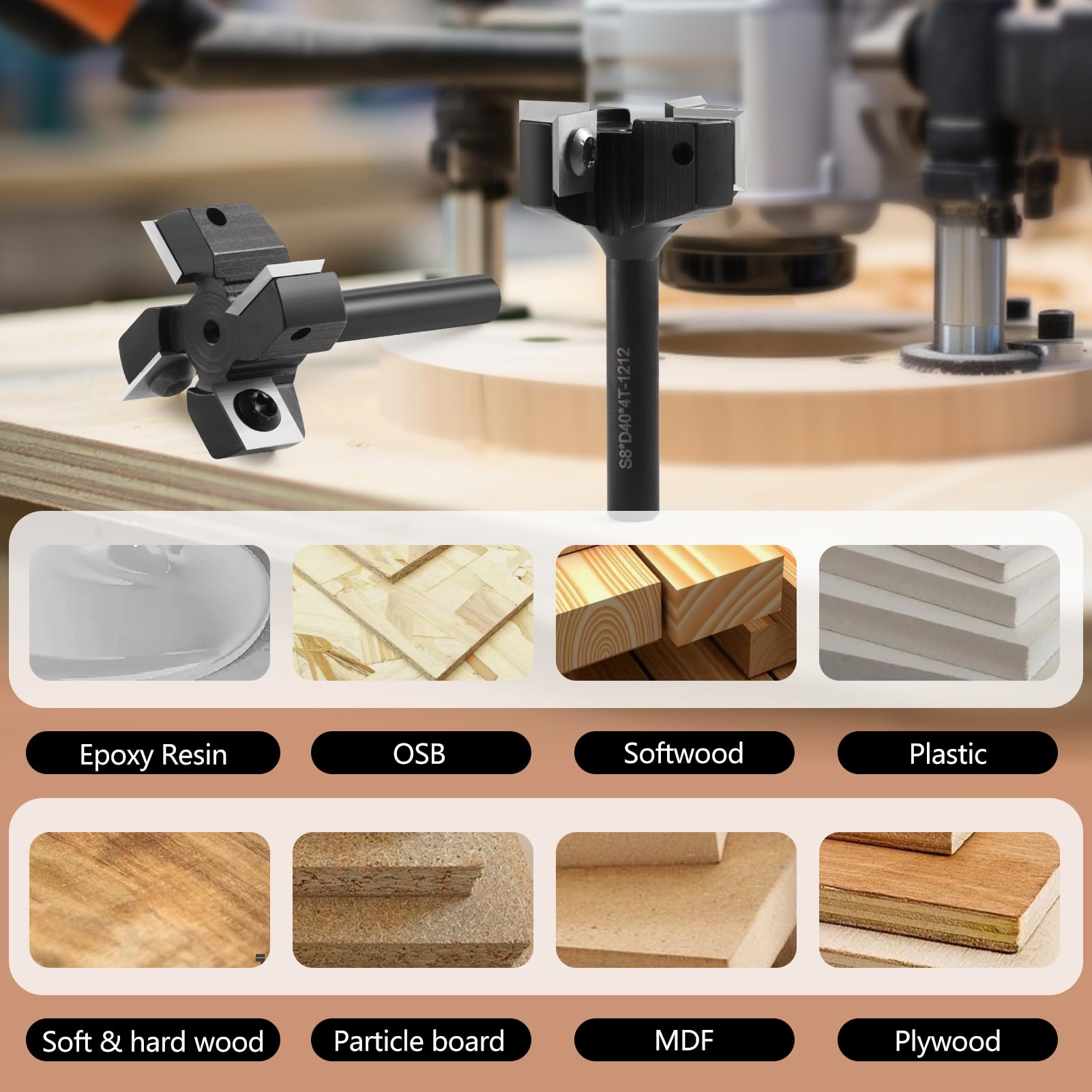HOZLY Fresa per fresa superiore legno, diametro di taglio 40 mm, diametro gambo 8 mm, fresa per pianificazione/fresatura per bordi, coltello – Utensile professionale con 10 coltelli in metallo duro