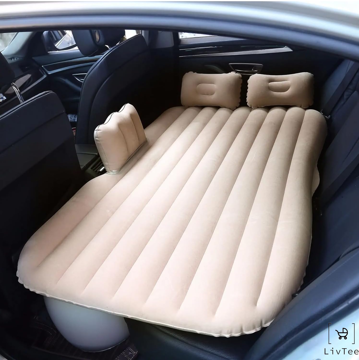LivTee Premium Car Inflatable Bed with Pump & 2 Air Pillow|Quick Inflatable Back Seat Bed|Car Inflatable Mattress|Car Bed Mattress|Car Bed for Kids (A-Beige)