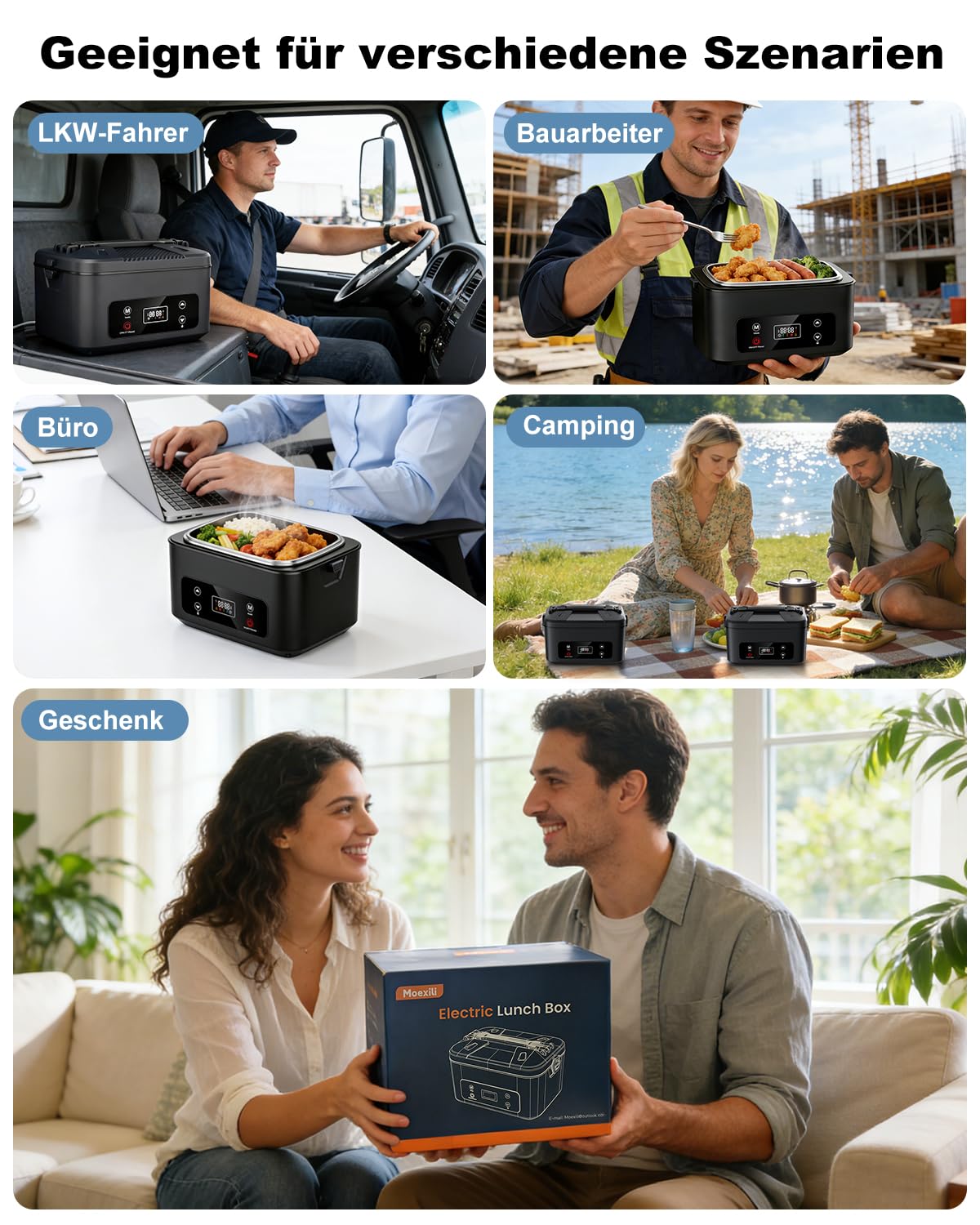 Elektrische Lunchbox, 100W Brotzeitbox Brotdose Groß 1.2L, 24000mAh Heatbox | Kabellos Tragbare Beheizbare Lunchbox Elektrisch Erwachsene mit Edelstahl Gabel Löffel für Büro Arbeit Auto Lkw Camping