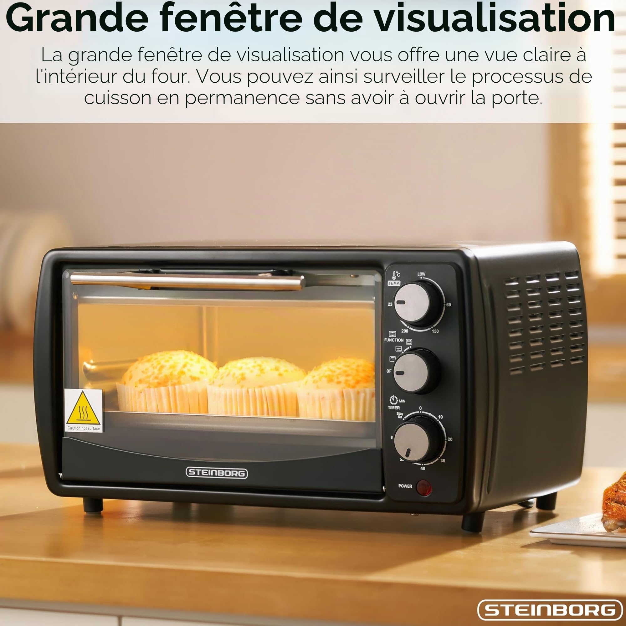 Steinborg Mini four 13 l - Plaque ramasse-miettes - Chaleur supérieure et inférieure - 1200 W - Mini four avec minuteur - Petit four pour le camping ou la maison - Autonome - Réglage en continu de la