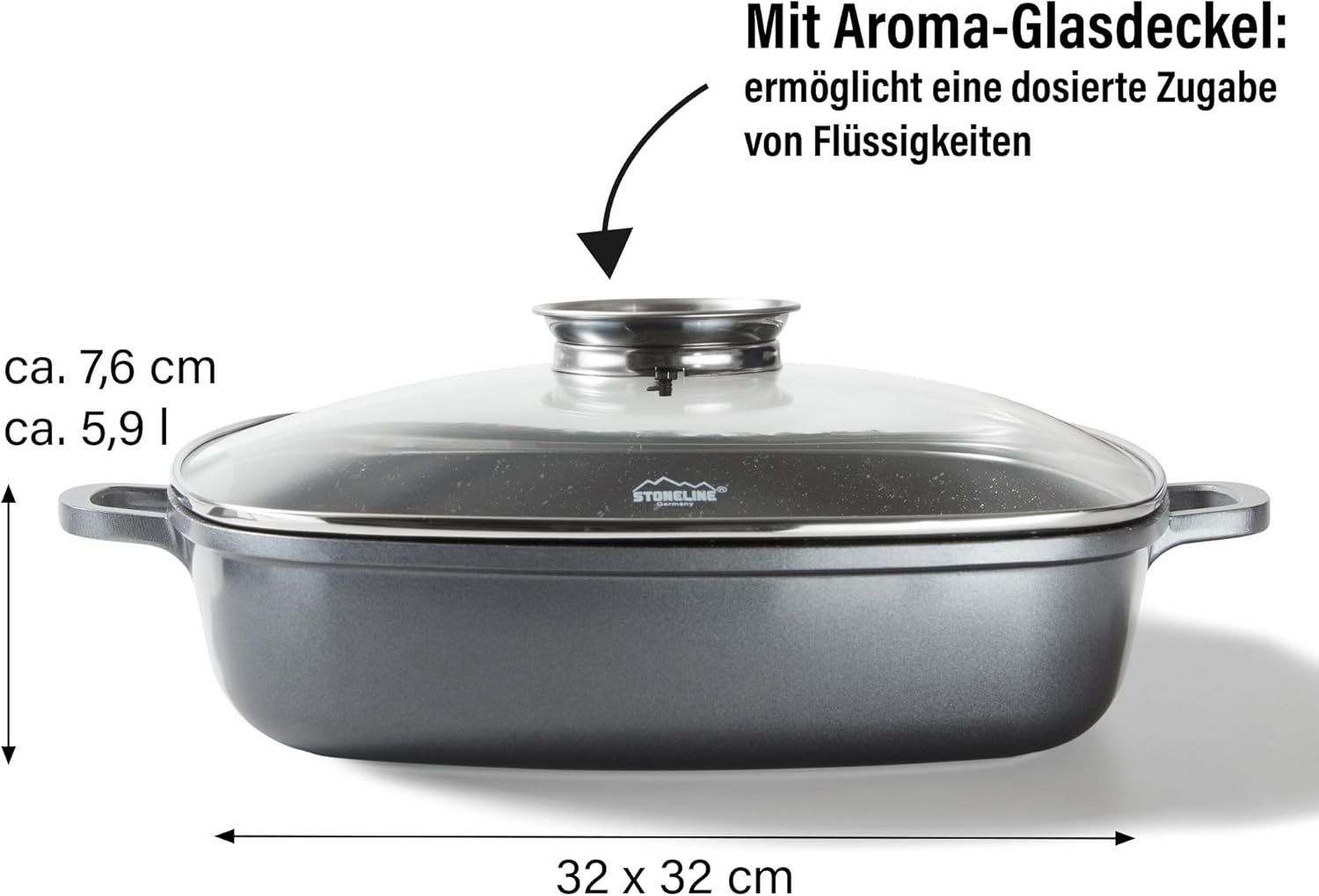 STONELINE 14279 Square Pan 32 cm Height 7.6 cm Die-Cast Aluminium with Aroma Glass Lid