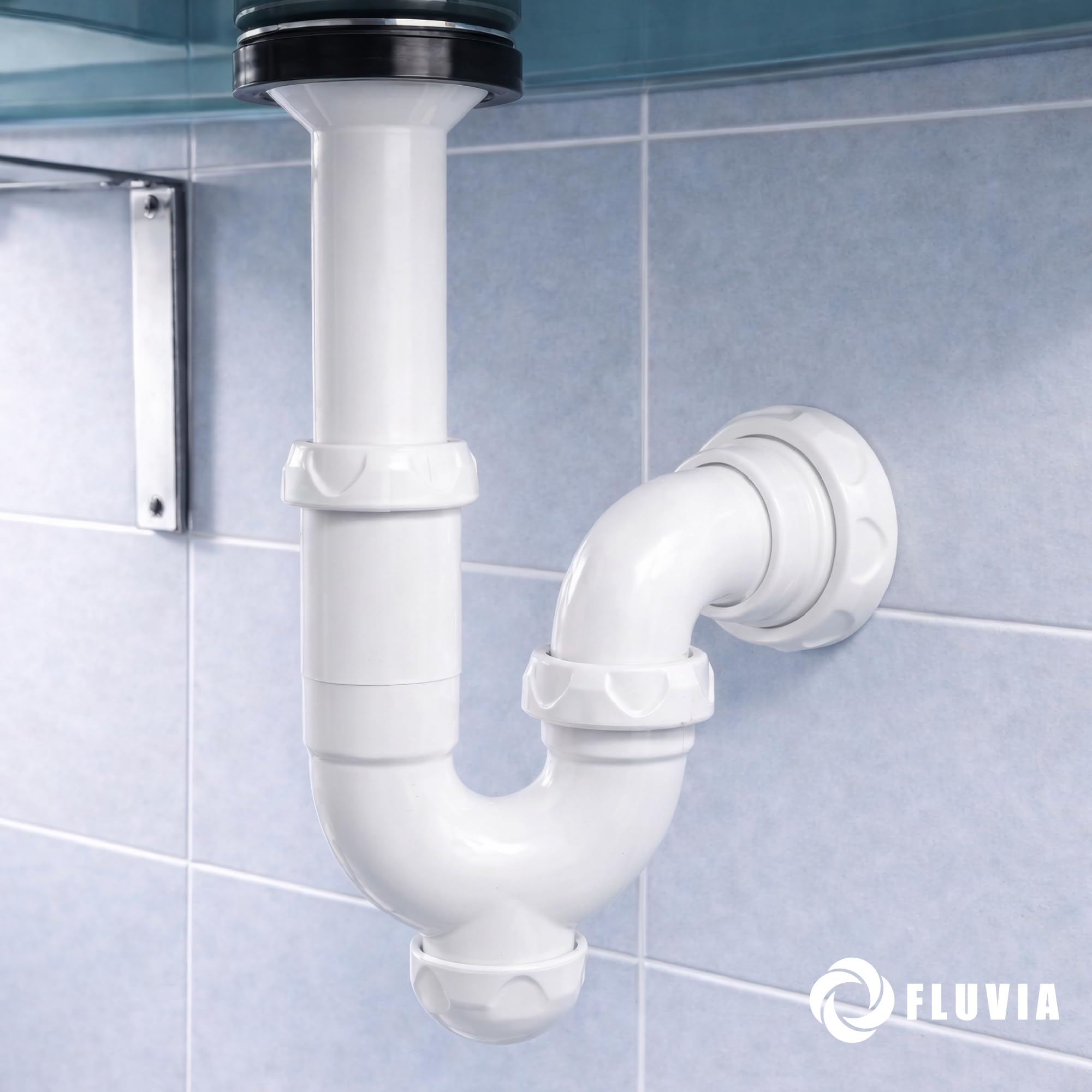 Sifón Curvo Extensible con Válvula y Tapón 1 1/2" Ø40 mm con Reducción Ø32 mm| Sifón para Fregadero y Lavabo | Antiolor, Antifugas | Instalación Fácil | Alta Resistencia | Fluvia