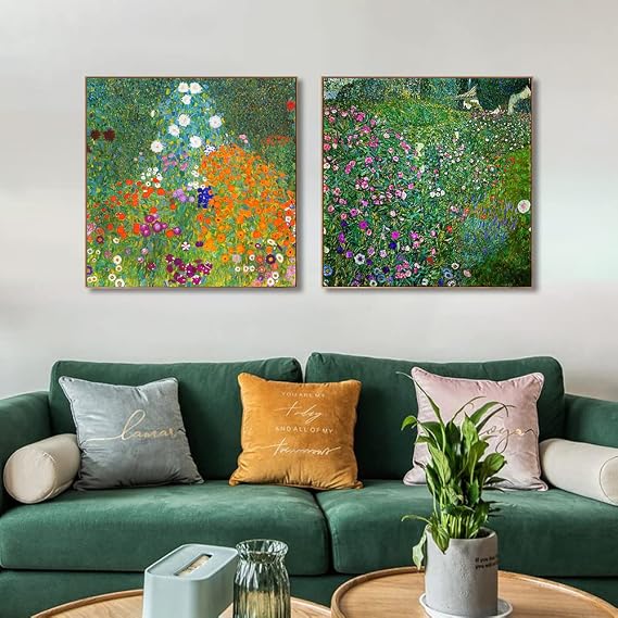 INVIN ART Combo Painting 2 Pieces Framed Canvas Giclee Print Art Series#5 by Gustav Klimt Wall Art Living Room Home Office Decorations(Wood Color Slim Frame,24x24Each Piece)
