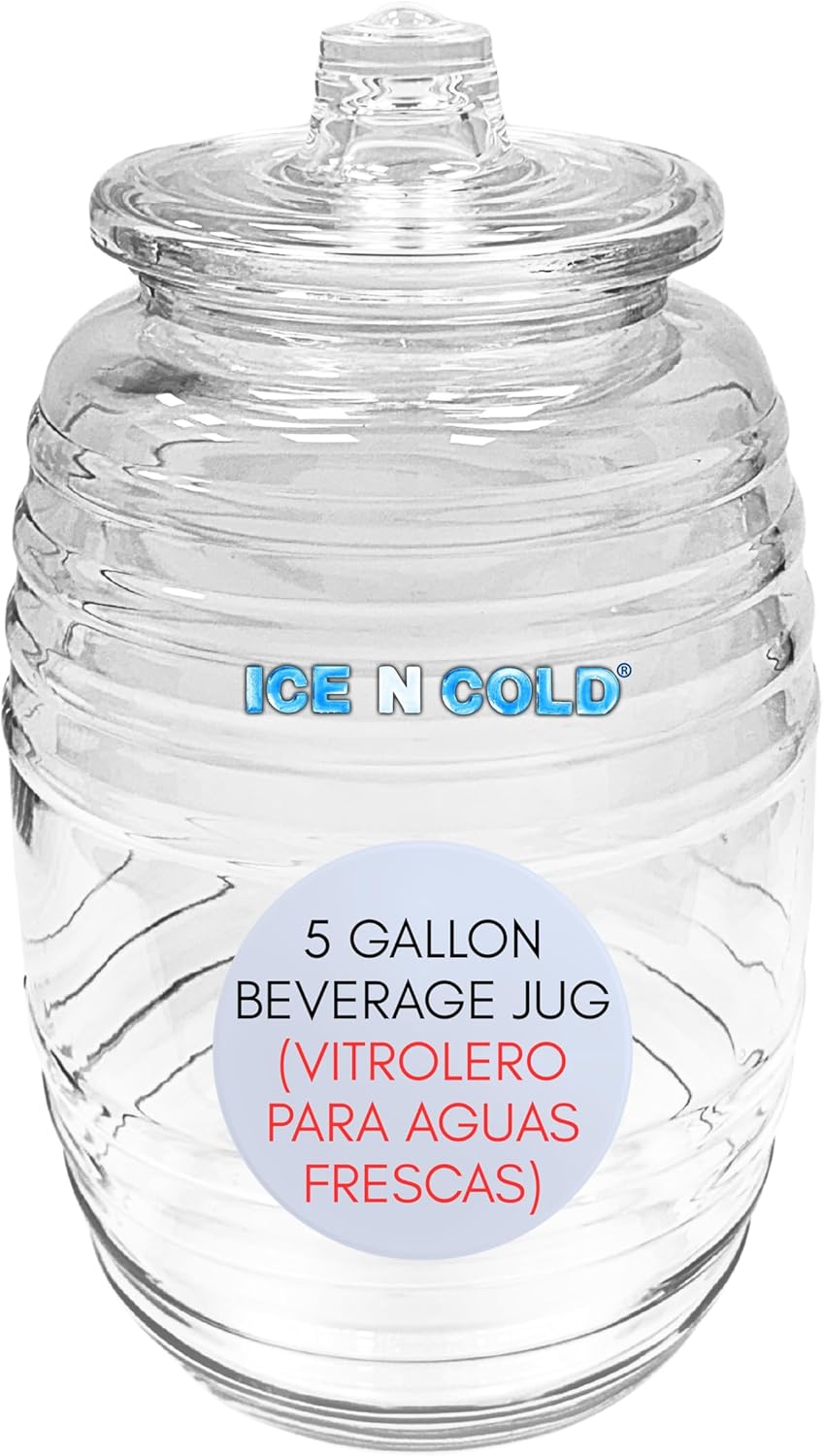 Aguas Frescas 5 Gallon Glass Juice Jug Container with Lid (19 Liters, 642 oz) | ICE N COLD