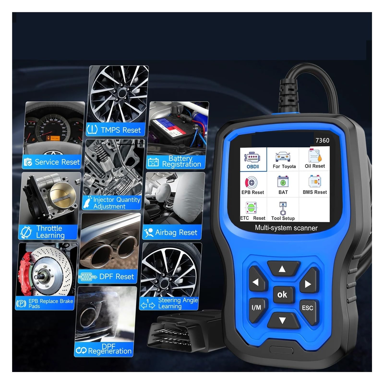 Lector de códigos de escáner automotriz OBD2 ABS EPB SRS Oil Bat Reset OBD Herramienta de escaneo de diagnóstico de automóvil