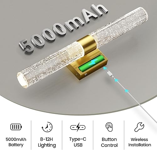 Miniatura 2 de Juego de 2 apliques de pared dorados que funcionan con pilas, juego de 2 apliques de pared inalámbricos recargables con control remoto, moderna