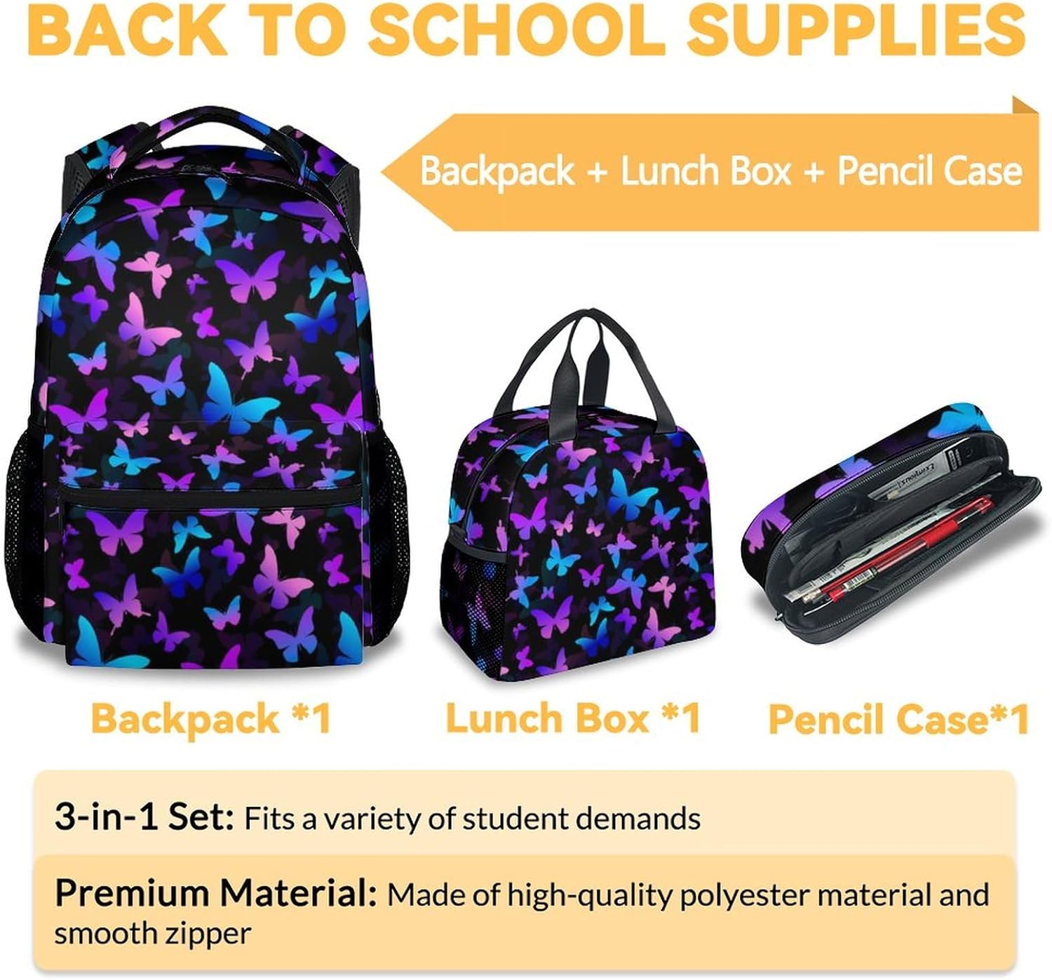 Butterfly Backpack with Lunch Box, Set of 3 School Backpacks Matching Combo, Cute Lightweight Bookbag and Pencil Case Bundle - Image 3