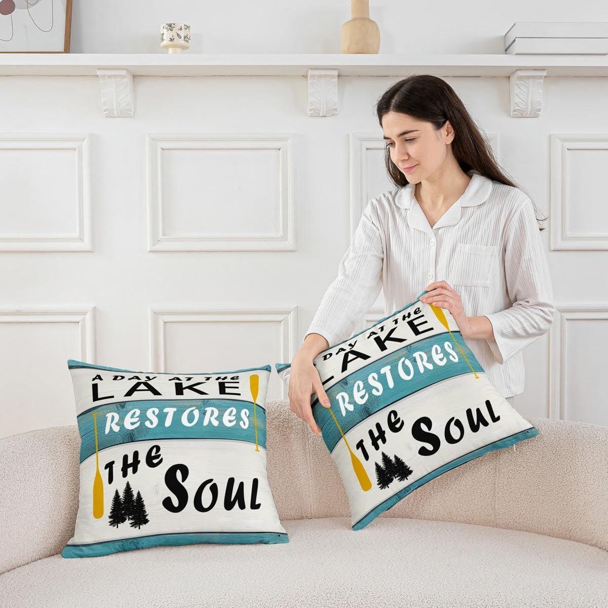 Pack of 2 Welcome to The Lake Decorative Throw Pillow Covers, Soft Lake Rules Square Cushion Case Set for Couch Sofa Bedroom Living Room,Lake House Decor Blue Pillow Cases Pillowcases, 24x24 Inches