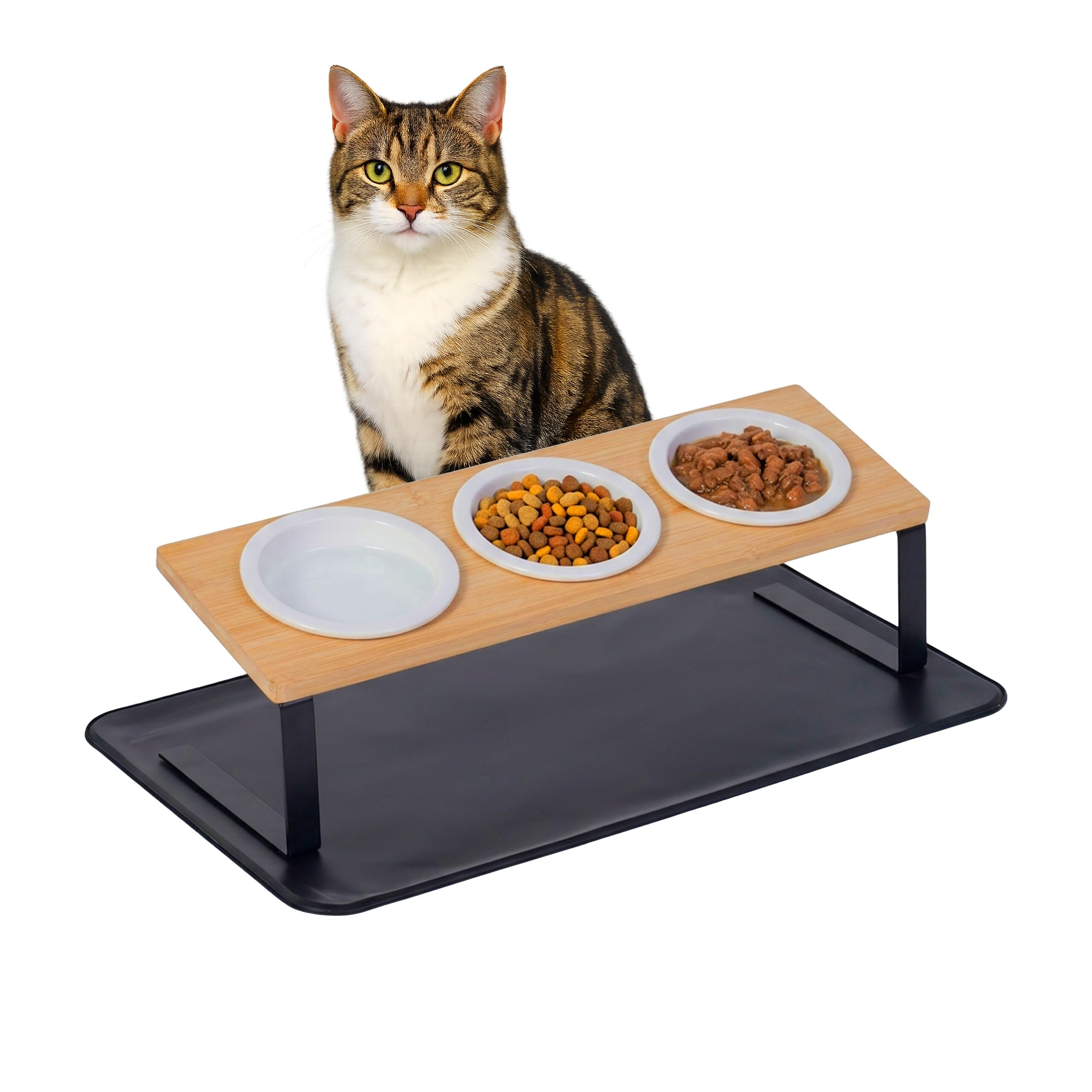 Gamelle surélevée pour chat haut de gamme en bambou avec triples bols céramique