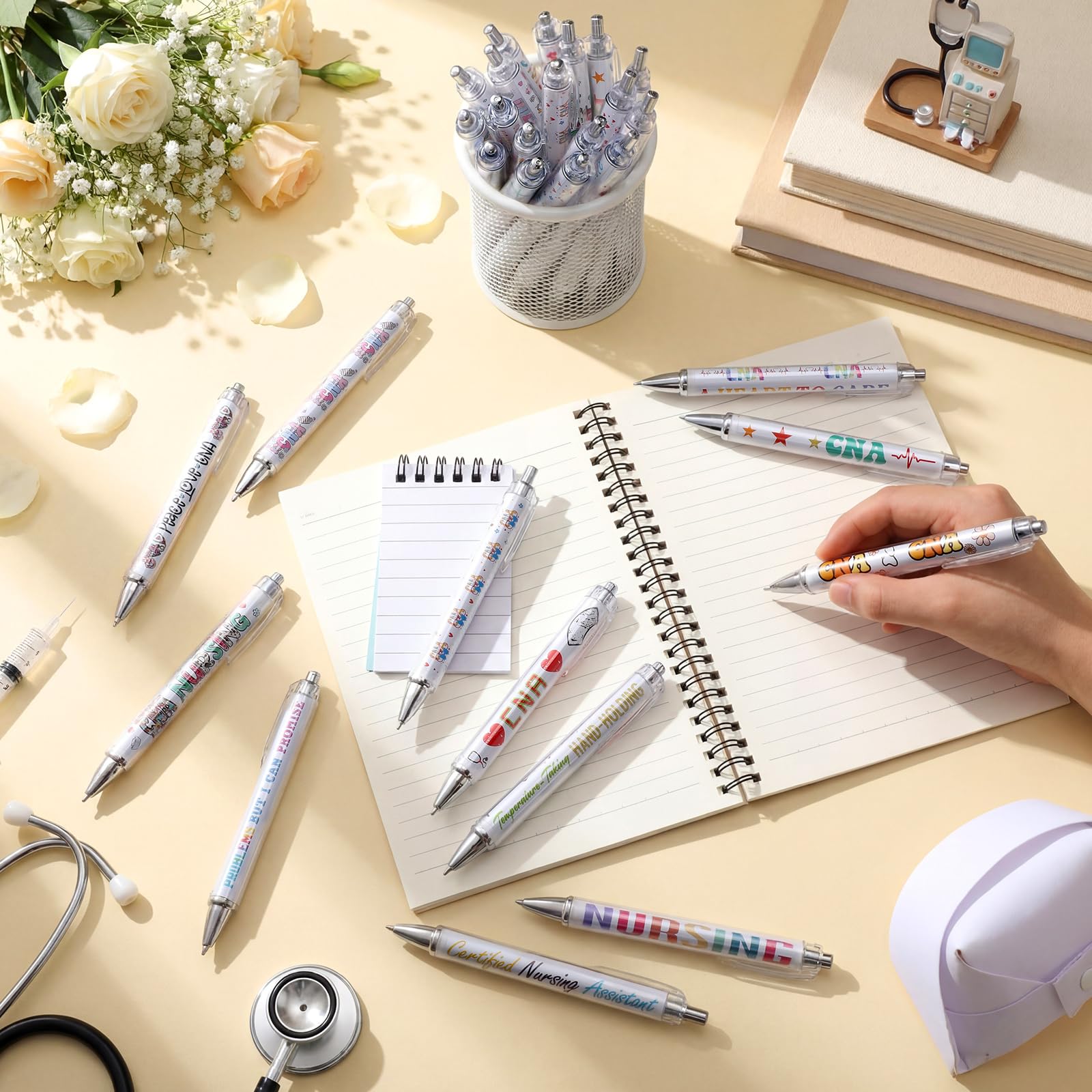 Motipuns 48 Pcs National Nursing Assistant Week Pens CNA Week Gifts Bulk Medical Assistant Nursing Essential Nurse Party Favors Ballpoint Pen CNA Medical Item for Work Women Office Holiday Supplies