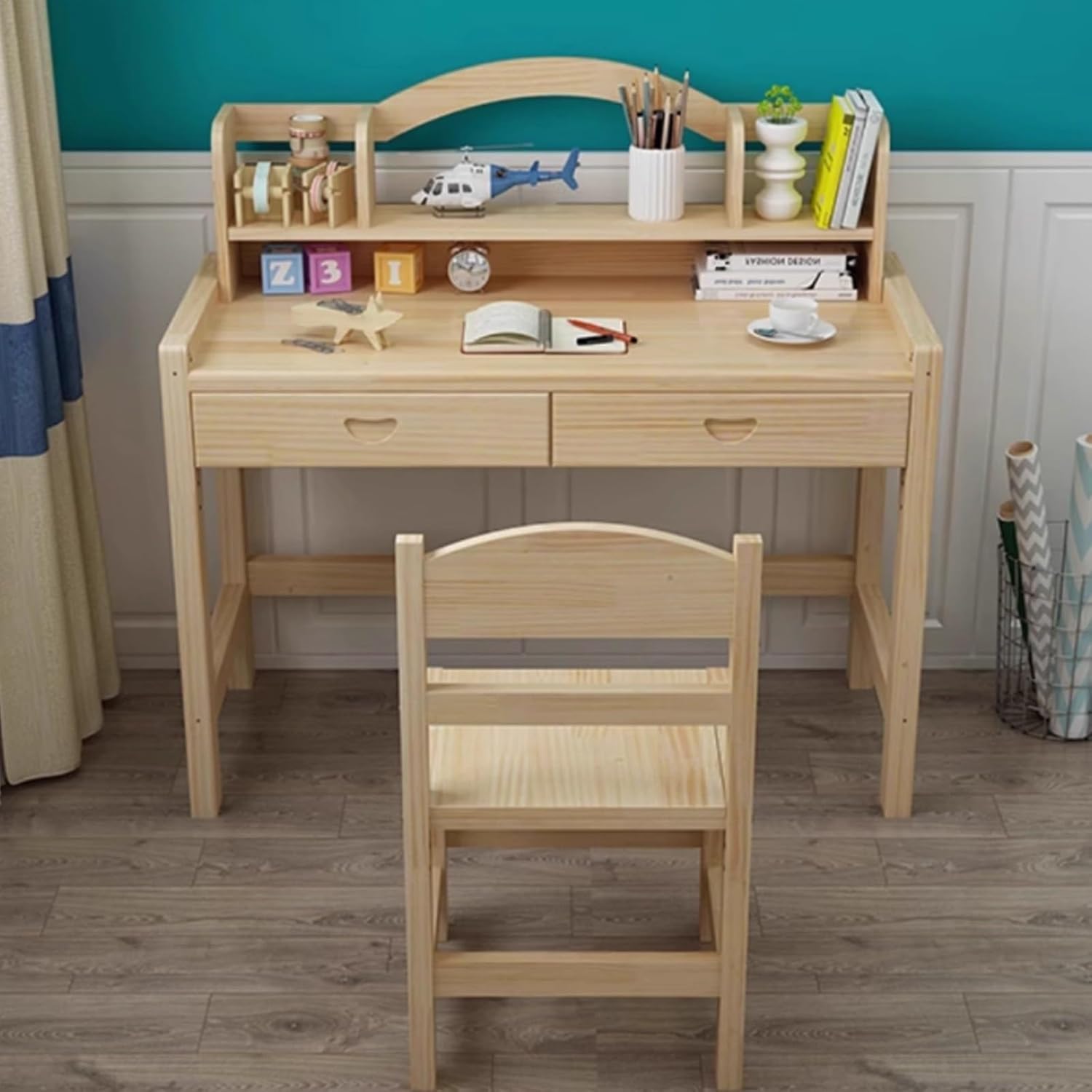 Children's Study Table and Chair Set Student Reading Writing Painting Table Home Office Desk with Bookshelf Pine Wood Material No Paint(100x50x75cm)