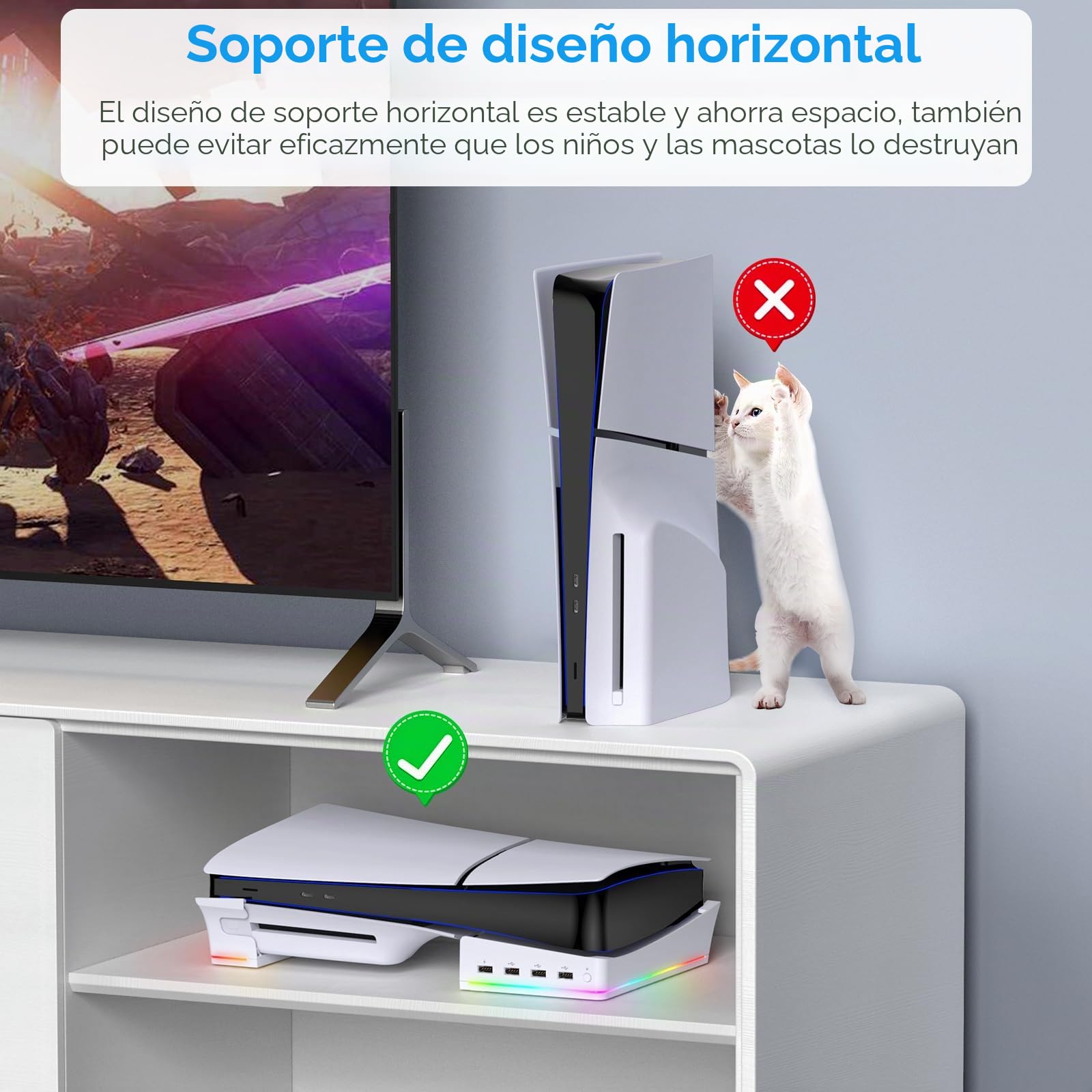 FYOUNG - Soporte de seguridad horizontal para PS5 Pro / PS5 Slim edición digital y disco con 14 luces RGB, accesorios de base de soporte antideslizante con 4 puertos USB - Blanco