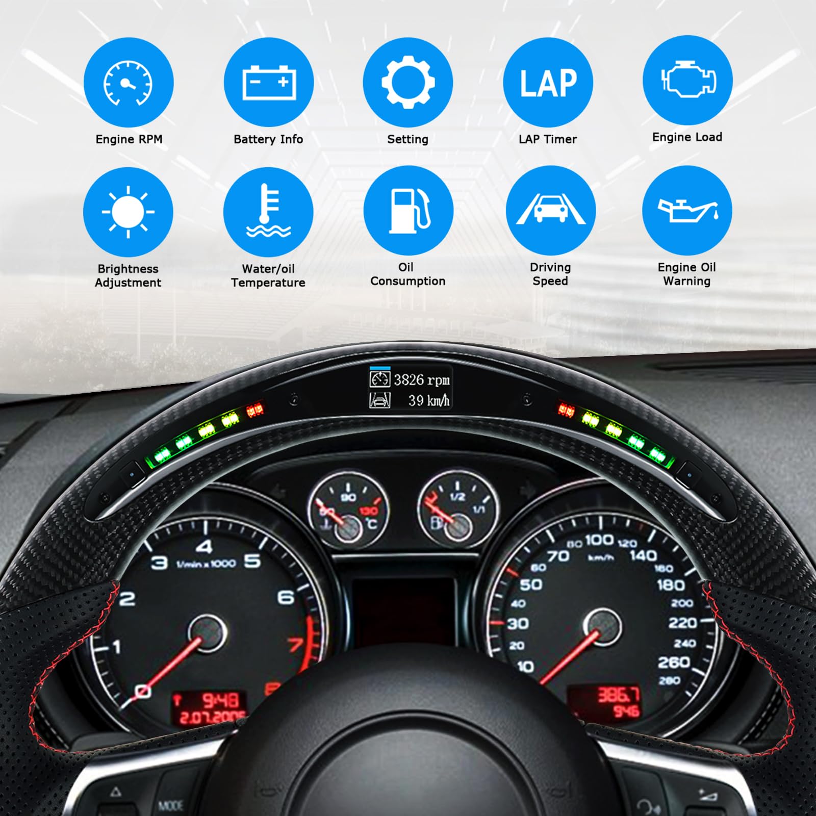 Volante de fibra de carbono, volante en forma de D con fondo plano e indicador de cambio LED, volante de cuero personalizado, asas de cuero perforadas para Audi TT TTRS R8 2007-2015