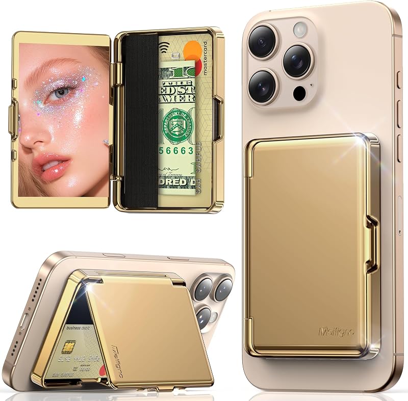 Strong Magnetic Phone Wallet with Mirror & Kickstand, Magnetic Phone Card Holder (3-4 Cards & Cash) Compatible with iPhone 17/16/15/14/13/12 Series, Metal Plating Glossy, Desert Titanium