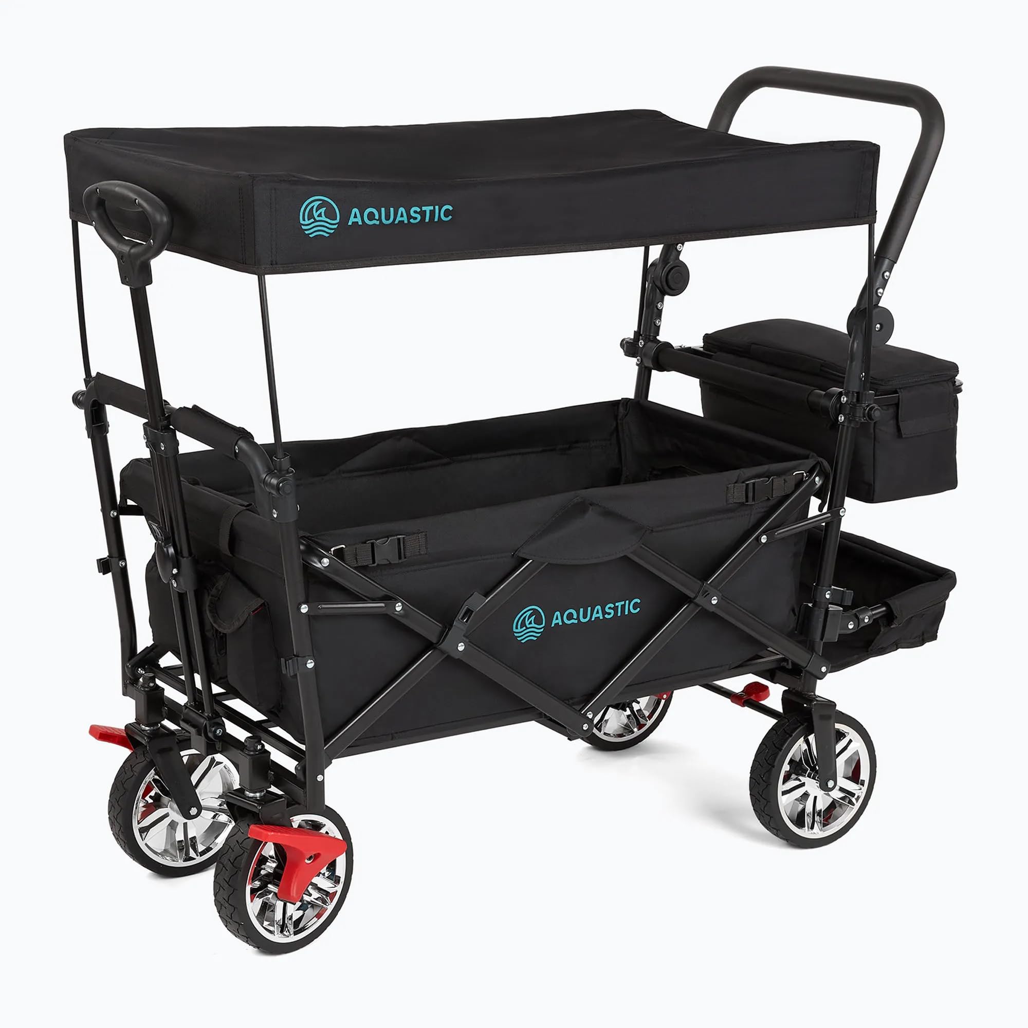 AQUASTIC Składany wózek transportowy 109 l, obciążenie 90 kg, szerokie gumowe koła z hamulcami, baldachim, uprząż, torba izolowana i pokrowiec - czarny