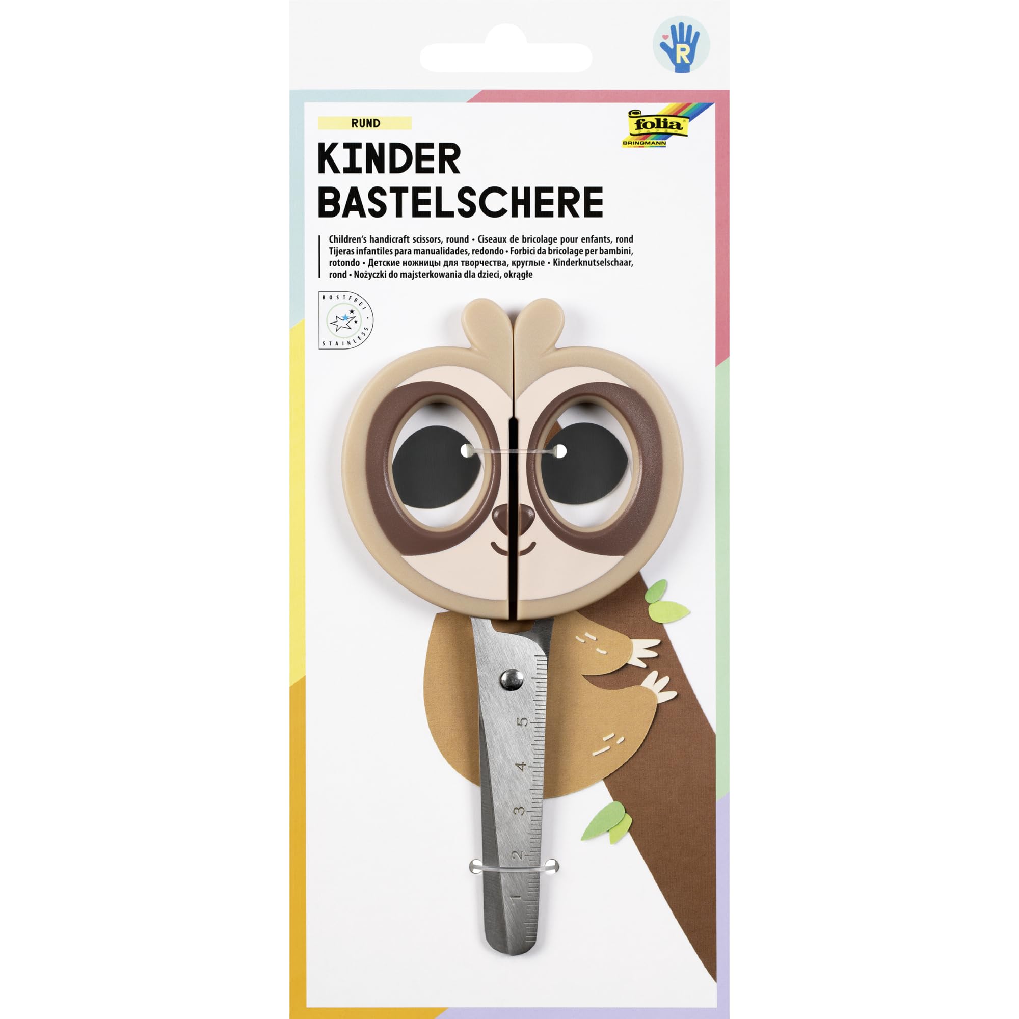 folia 773 Children's Craft Scissors Sloth, Approx. 16 cm, Children's Scissors with Sloth Motif and Ruler Embossing, Rustproof with Rounded Corners, for Right-Handed Users