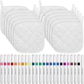 Newtay 36 Pcs Mothers Day Pot Holders Craft Project Set Including 12 White Pot Holders and Oven Mitts with 24 Makers for Kitchen Heat Resistant Cooking and Baking DIY Activities