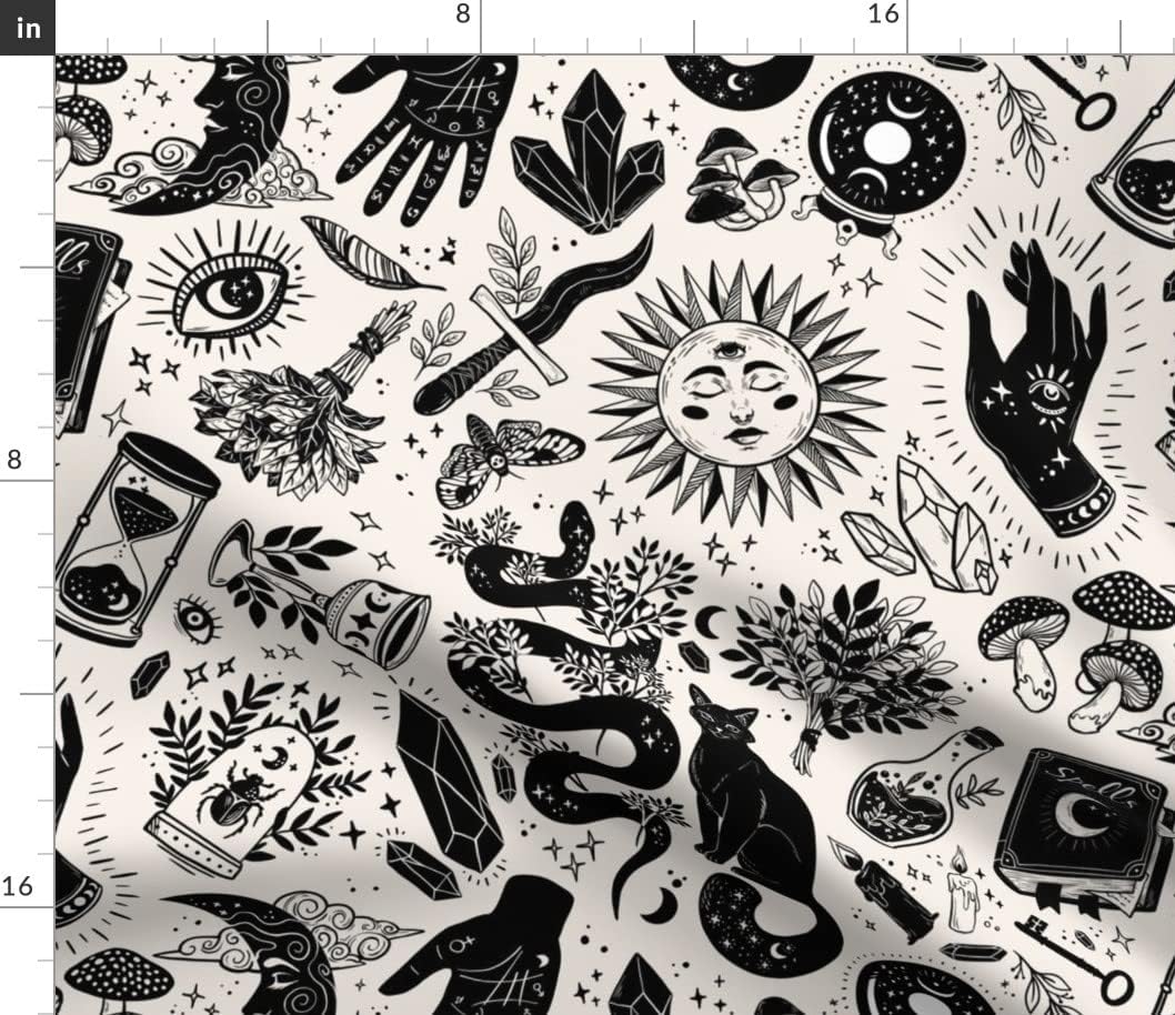 Spoonflower Fabric - Witch Magic Goth Witchcraft Crystals Black Cat Palm Moon Eye Celestial Printed on Petal Signature Cotton Fabric by The Yard - Sewing Quilting Apparel Crafts Decor