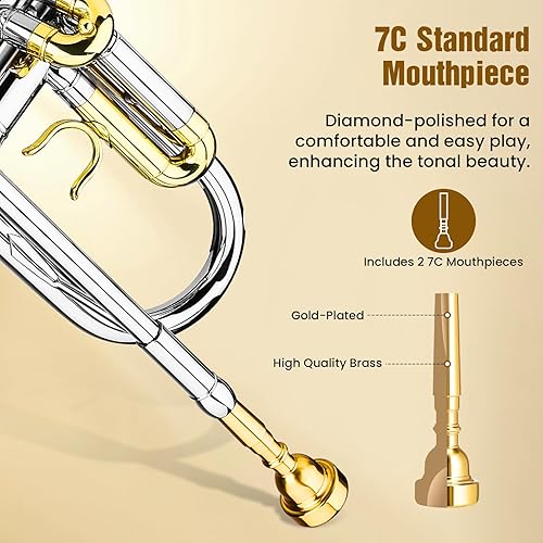 Miniatura 3 de Asmuse Bb - Juego de trompeta estándar para principiantes, instrumento de trompeta para estudiantes de latón con estuche rígido (dorado)