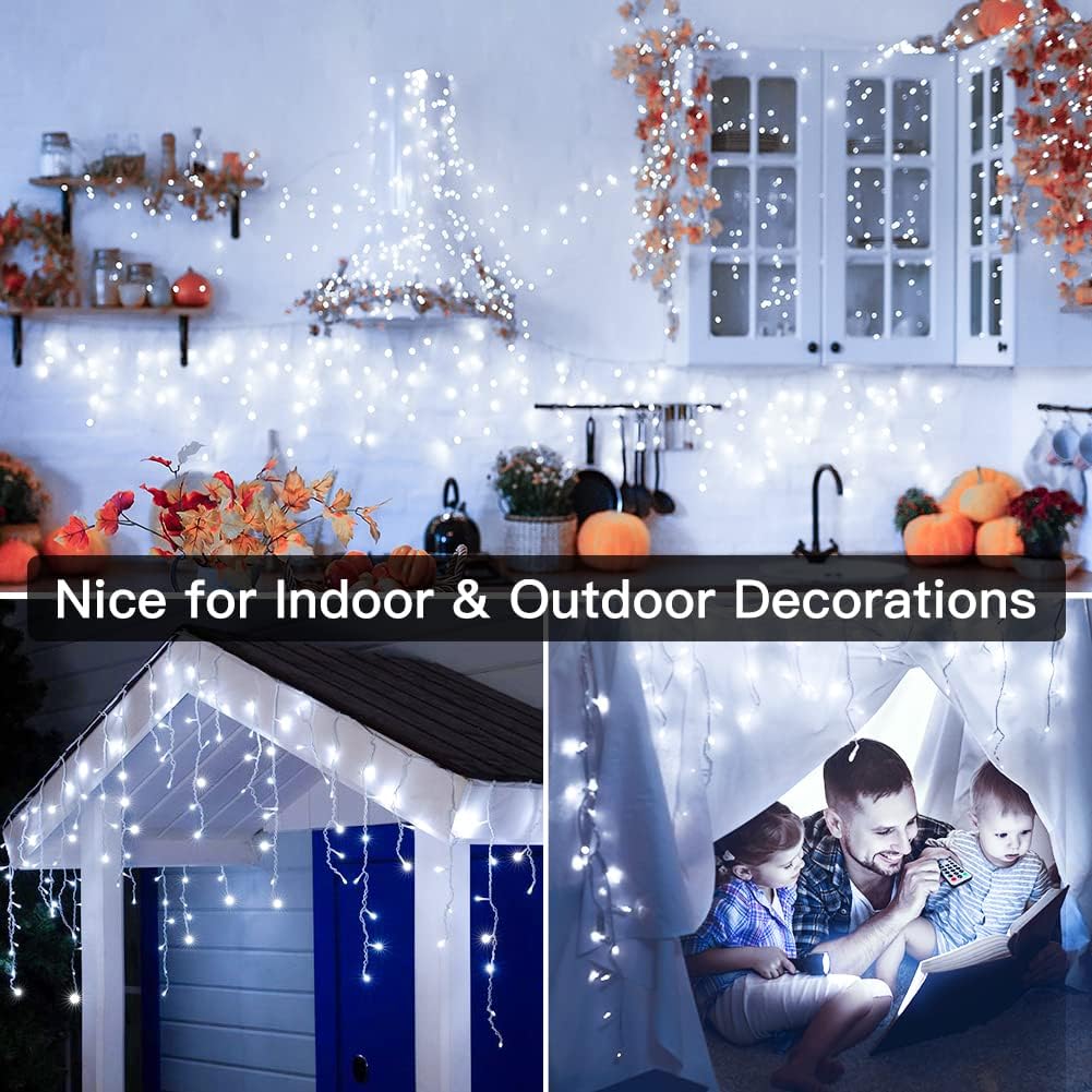 Ollny Icicle Christmas Lights Outdoor 396LED 32FT - Timer 8Modes Connectable Waterproof Icicle Lights with Remote Plug in, Outdoor Christmas Lights for House Outside Indoor Yard Patio Eave, Cool White