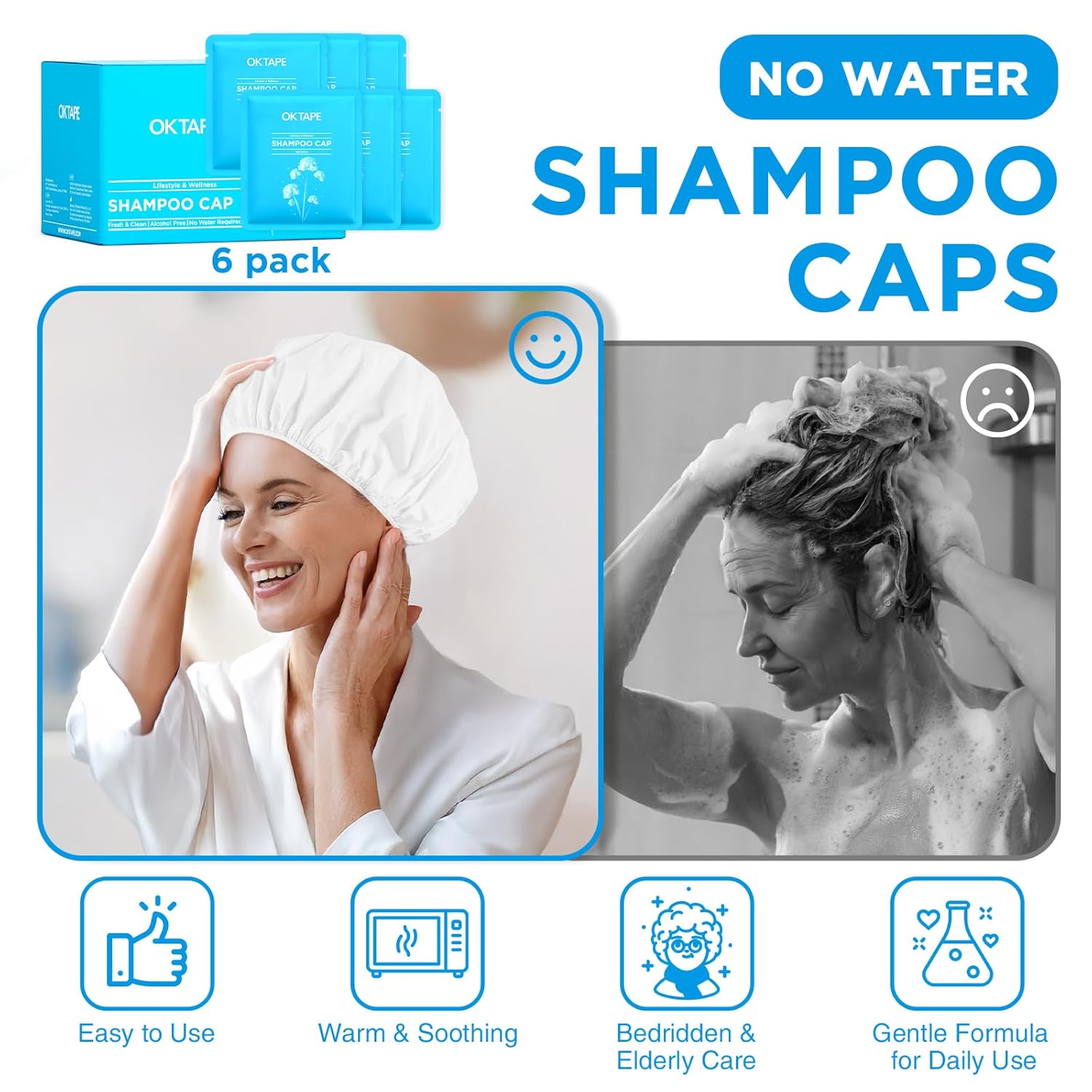OK TAPE No Water Shampoo Caps (6 Pack) 3 Scents, Rinse Free Shower Cap for Elderly, After Surgery, Camping, Shampoo and Conditioner Hair Wash Cap (Lavender, Verbena and Cucumber Scents)