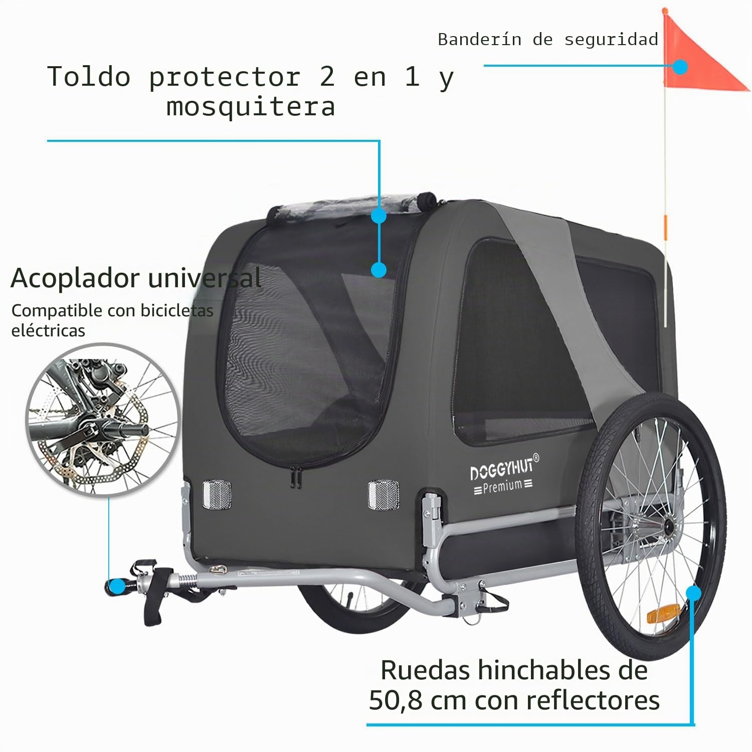 DOGGYHUT® Premium - Remolque grande para perros y bicicletas, tamaño grande, aprox. 270 litros de volumen, para perros medianos y grandes