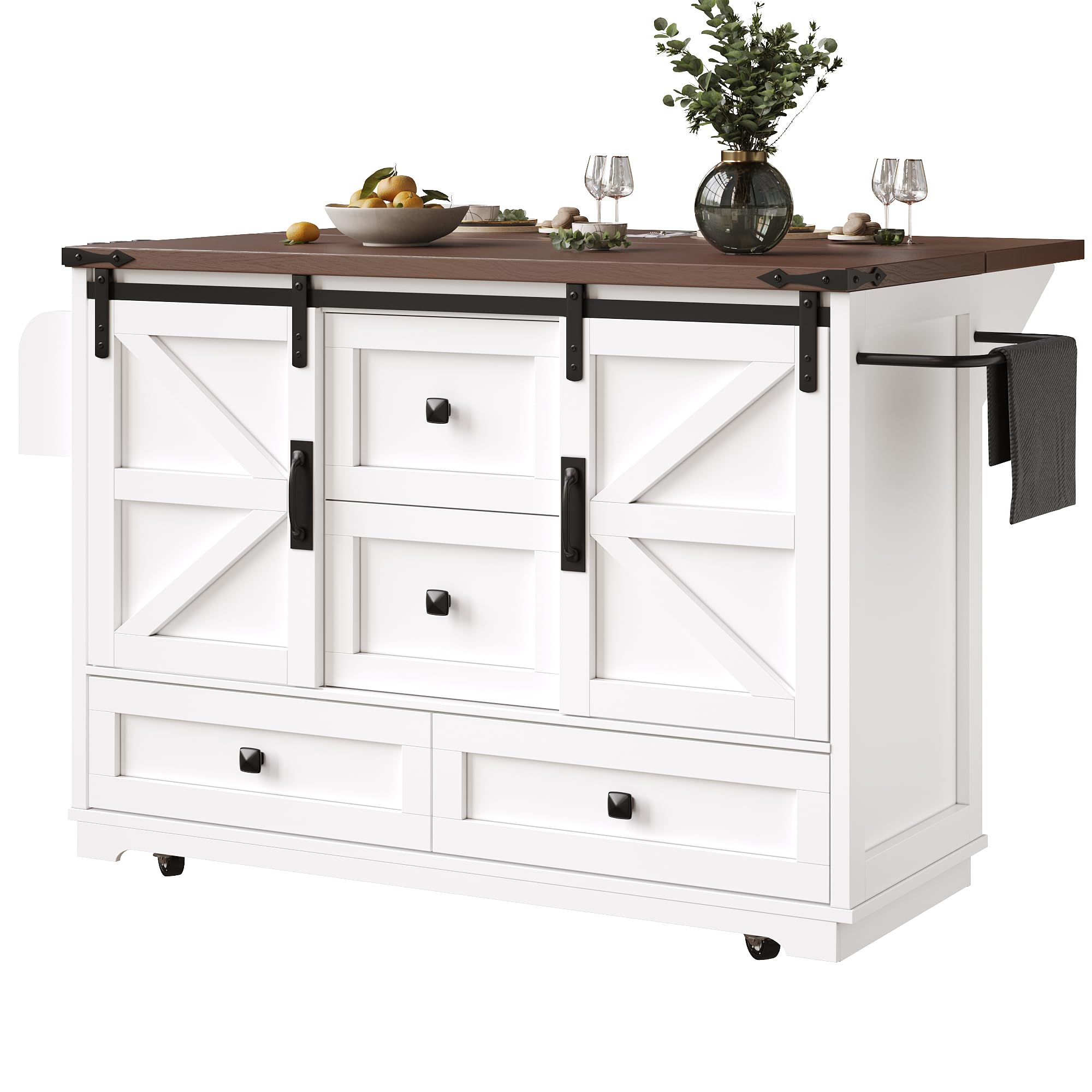 Carrito de cocina multifuncional con mesa plegable, isla de cocina móvil, bar, aparador con espacio de almacenamiento, carrito de servir con tres cajones y dos puertas de armario