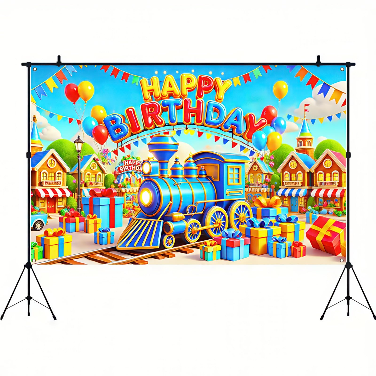 BlissYard Happy Birthday Backdrop Colorful Cartoon Train Birthday Party Banner 71 x 43 Inch for Boy Girl Kid Train Birthday Party Photography