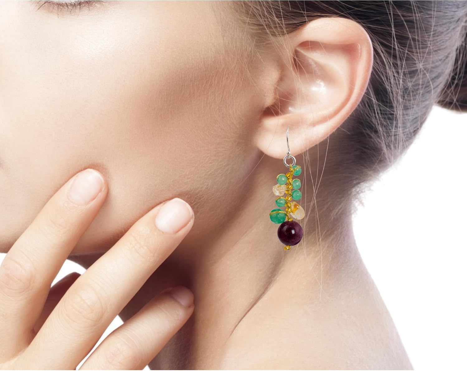 NOVICA Artisan Handcrafted Citrine Cluster Earrings Quartz Sterling Silver Glass Bead Multigem Multicolor Yellow Purple Beaded Thailand Birthstone [2 in L x 0.6 in W] ' Sweet Berries'