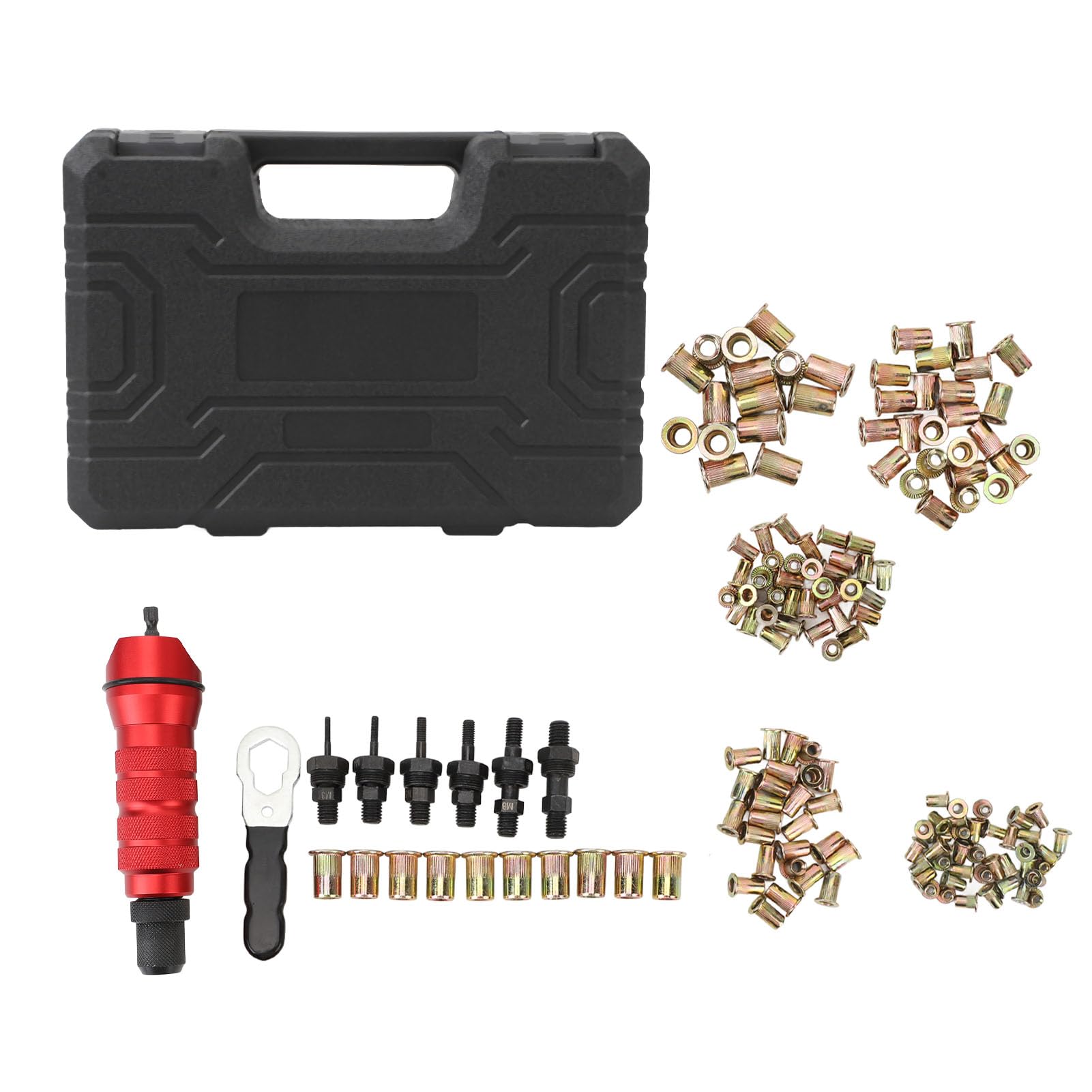 Drill Electric Rivet Gun Adapter,Rivet Nut Drill Adapter Kit Electric Rivet Drill Adapter Kit,2.4mm‑6.4mm 6 Interchangeable Rivet Heads 150 Nuts Rugged Carrying Case
