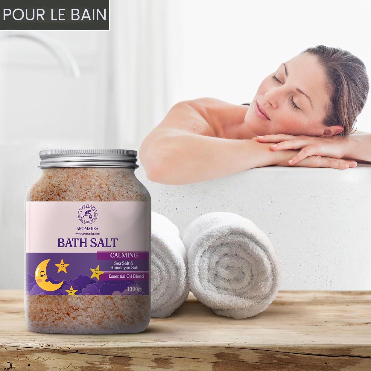 Sel de Bain Calmants 1300g - Huiles Essentielles de Bois de Lavande & Bergamote & Santal - Pur & Naturel - Bon Sommeil - Détente - Soulagement du Stress - Bain - Beauté - Relaxant