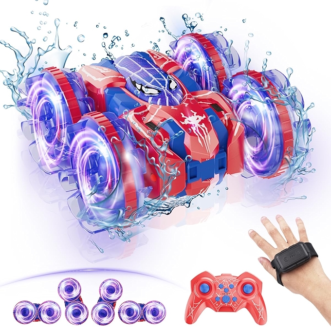 4WD防水遥控车兼船，360度特技灯光玩具适用于沙滩水池男女童礼物