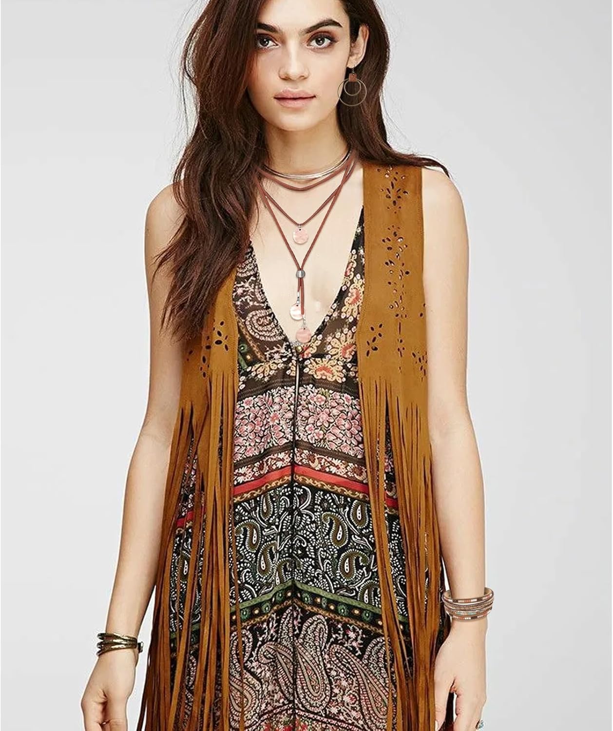 4 Pcs Boho Western Jewelry Set,Boho Vintage Choker Necklace Earrings Faux Leather Bracelet,Boho Earrings for Women,Bohemian Round Foldable Hand Fan Ethnic Bohemian Jewelry Gift - Image 6