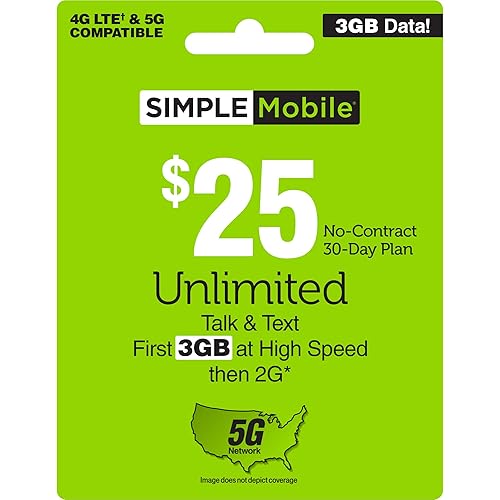 SIMPLE Mobile $25 3 GB Data, Unlimited Talk & Text [Physical Delivery]