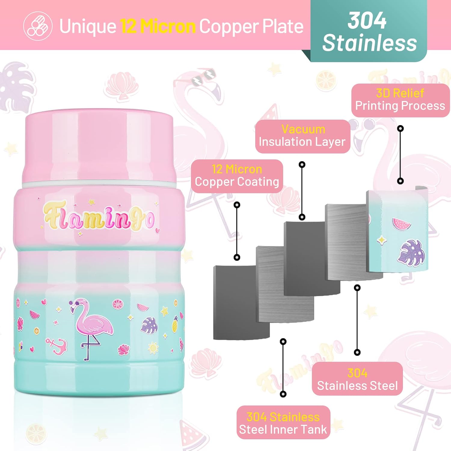 Charcy 17oz Thermo for Hot Food, Insulated Lunch Food Container with Folding Spoon QB - Gradient Pink Cyan Flamingo - Image 3