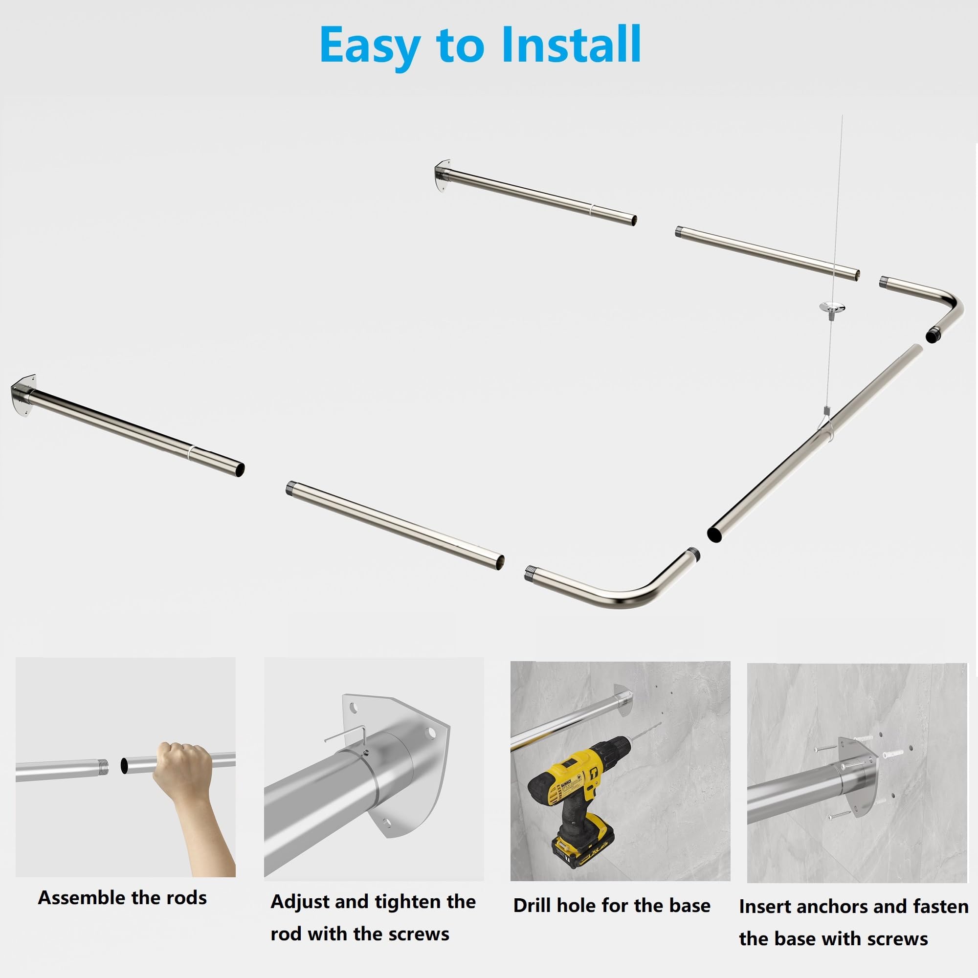 Barra per tenda doccia a forma di U, asta angolare con 12 anelli per tende e supporto a soffitto per vasca/bagno, montaggio a parete necessario [Entrambi i lati: 60 cm - 132 cm, Centro: 78 cm - 118 cm