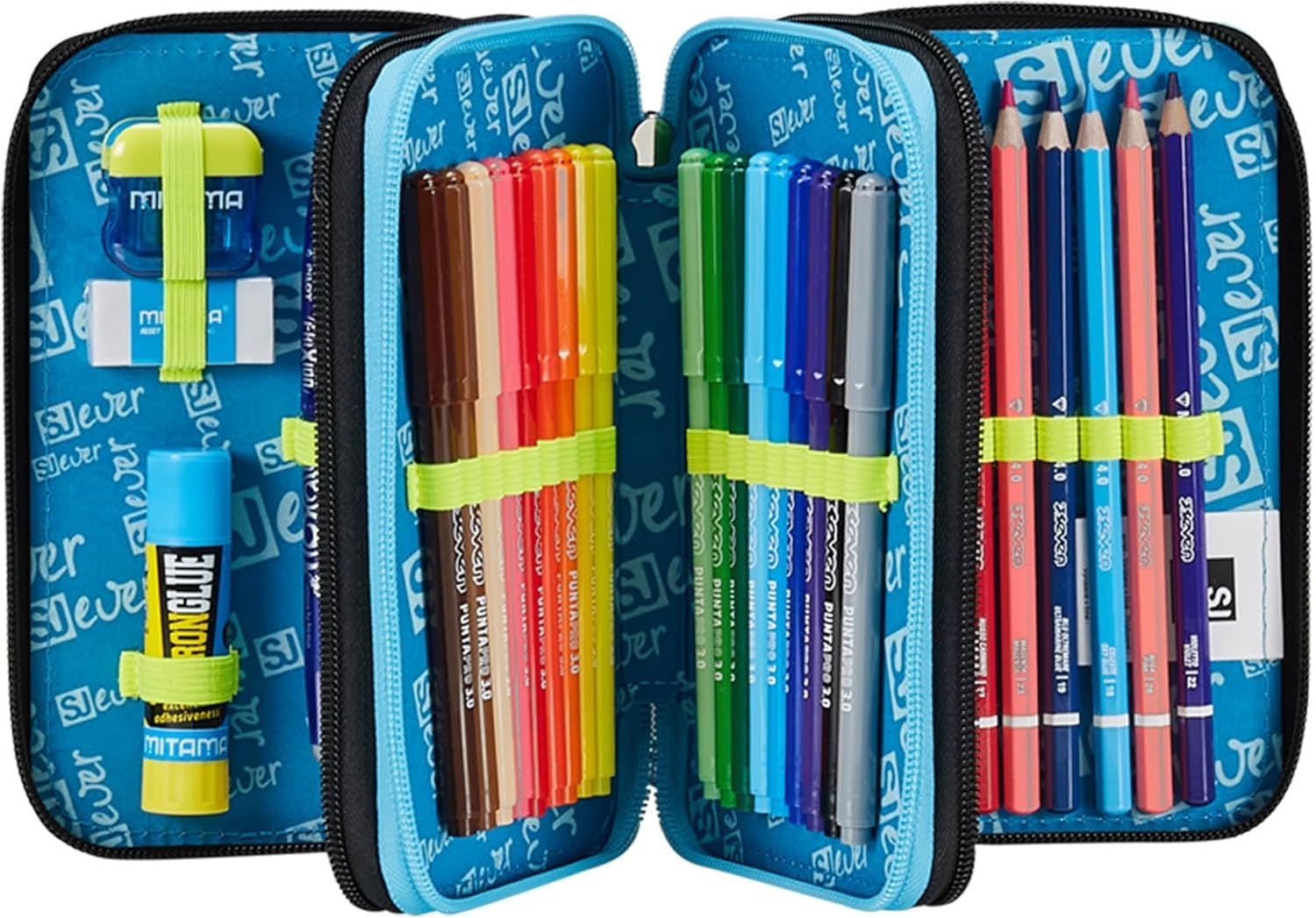 SJ Ever Set Zaino Scuola con Astuccio, Nero e Azzurro, Design Graffiti, Doppio Scomparto con Tasca Porta Borraccia, Astuccio 3 Zip Completo