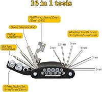 Vista 3 de Kit de reparación de bicicletas, kit de herramientas de reparación de neumáticos de bicicleta, incluye multiherramienta 16 en 1, accesorios