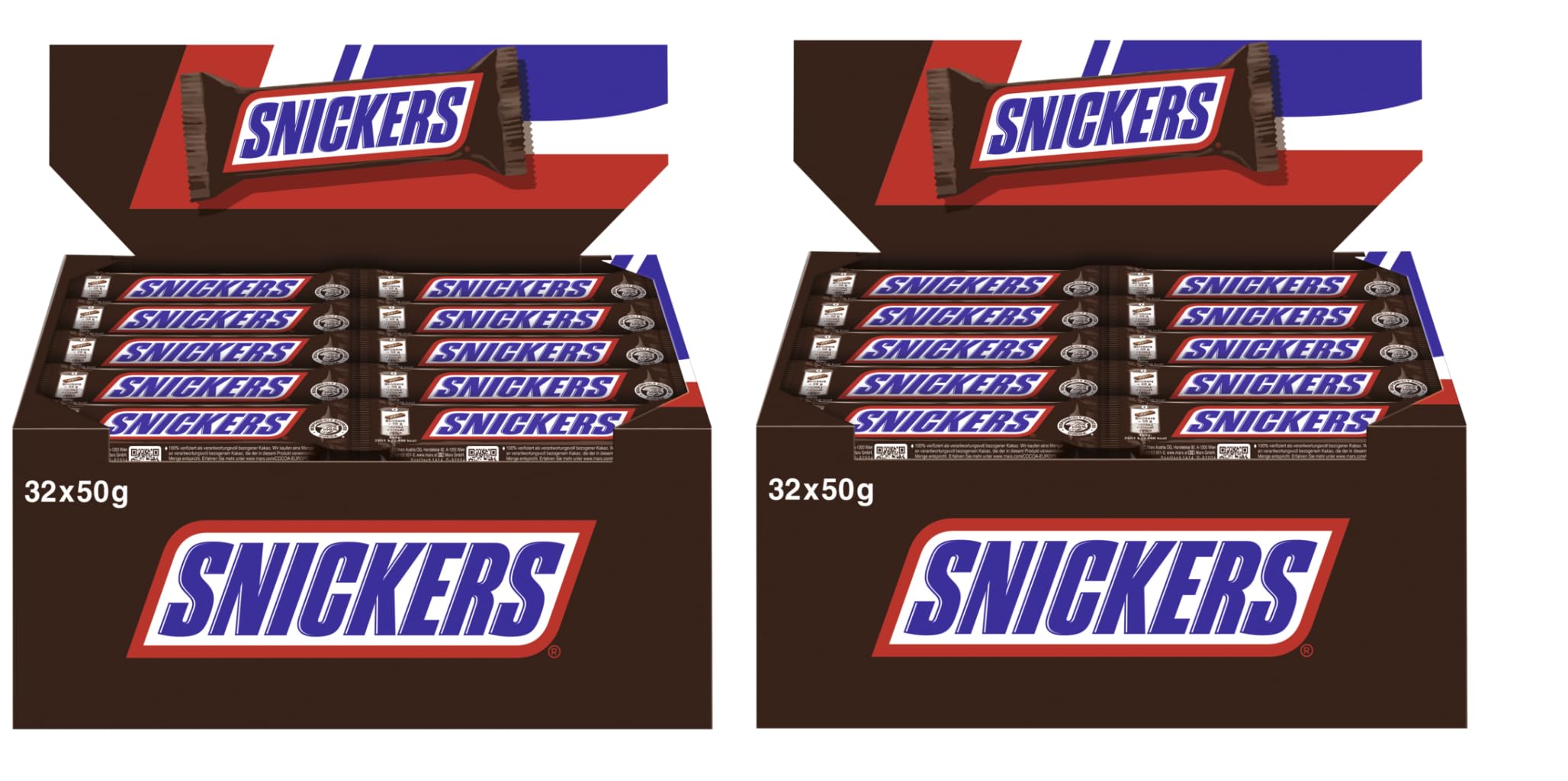 SNICKERS Riegel 2x 32x50g Schokoriegel Schokolade Milchschokolade, gefüllt mit feiner Candy-Creme und Karamell mit Erdnüssen