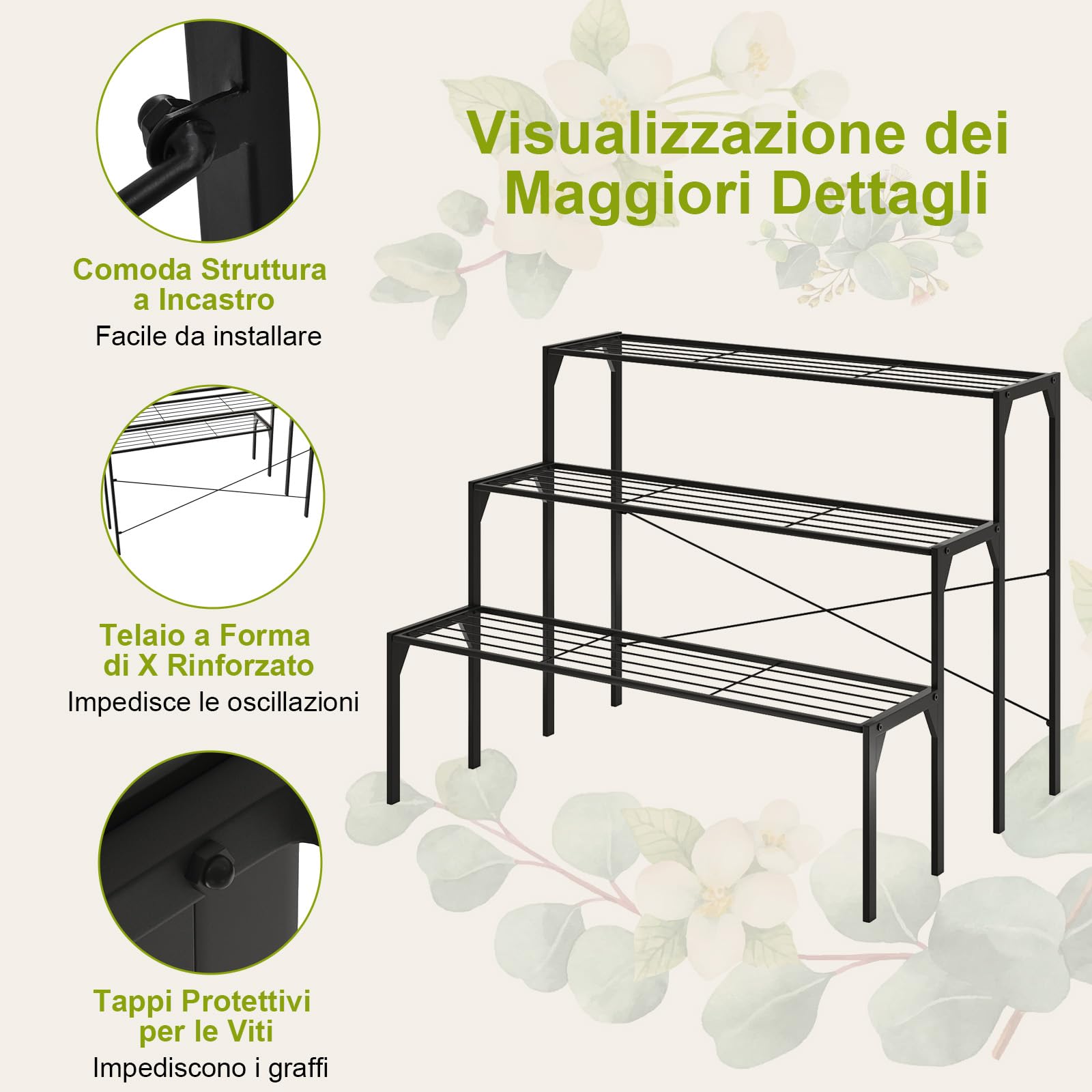 COSTWAY Scaffale Portafiori a 3 Ripiani, Porta Piante da Esterno e Interno a Scala, Scaffale Porta Vasi di Metallo per Balcone, Soggiorno e Giardino