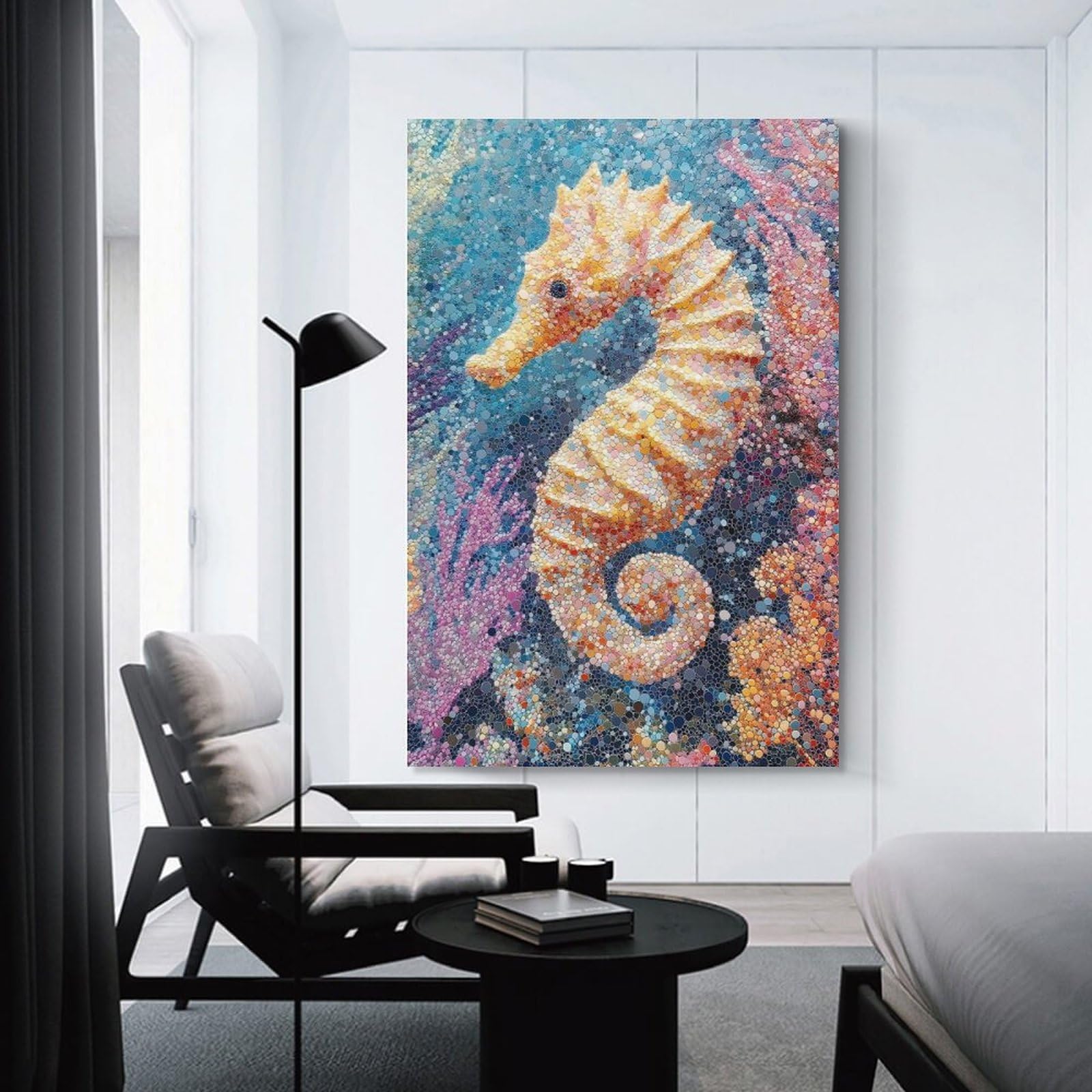 Junmoney Canvas Art Print Seahorse Mosaic Art, 20x30inch(50x75cm), for Office, Study Or Home Workspace, Decorative Artwork for Productive Spaces