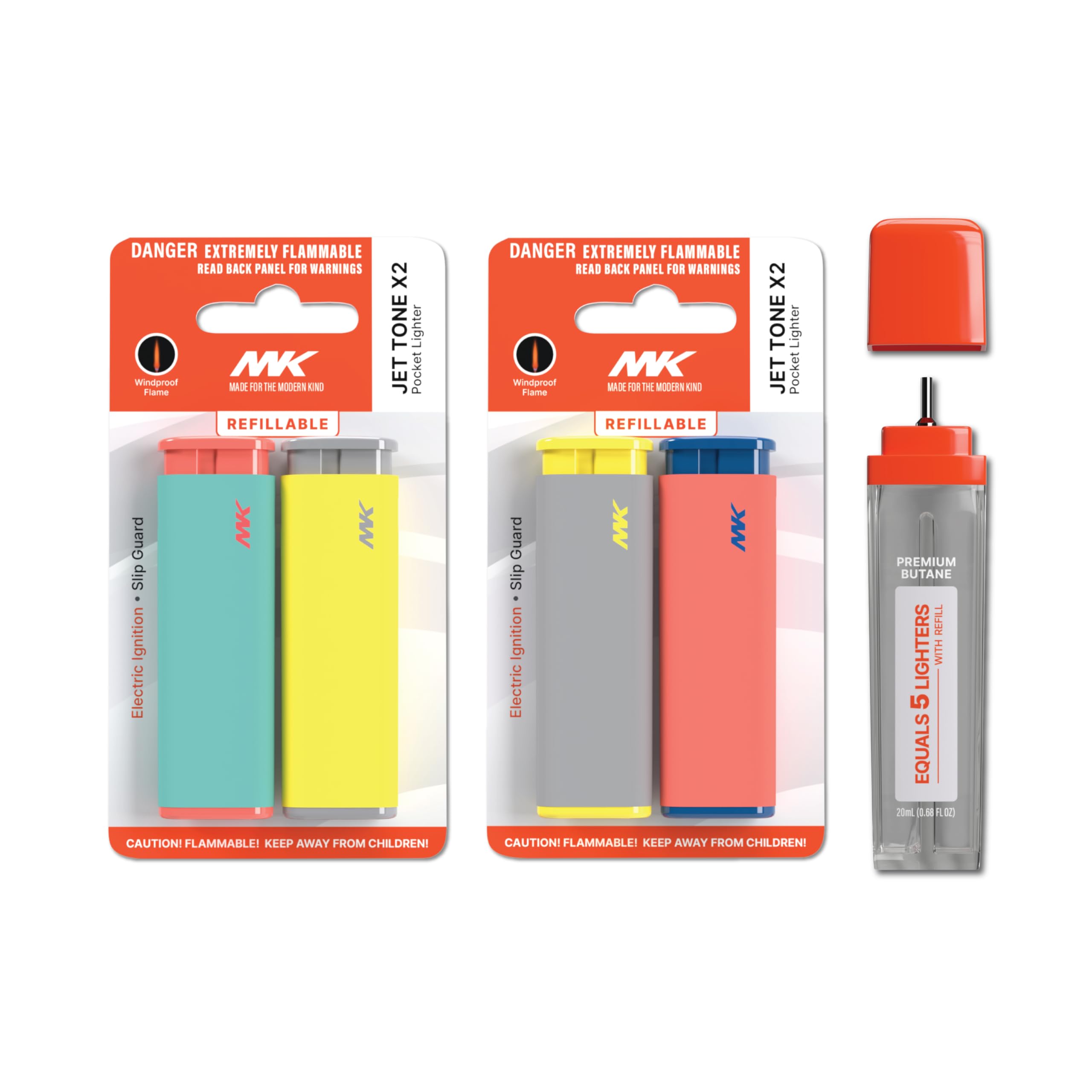 MK Lighter Jet Flame Lighters with Premium Butane, Camping Lighter, Butane Refillable, Assorted Colors (Tone-4PC+Butane)