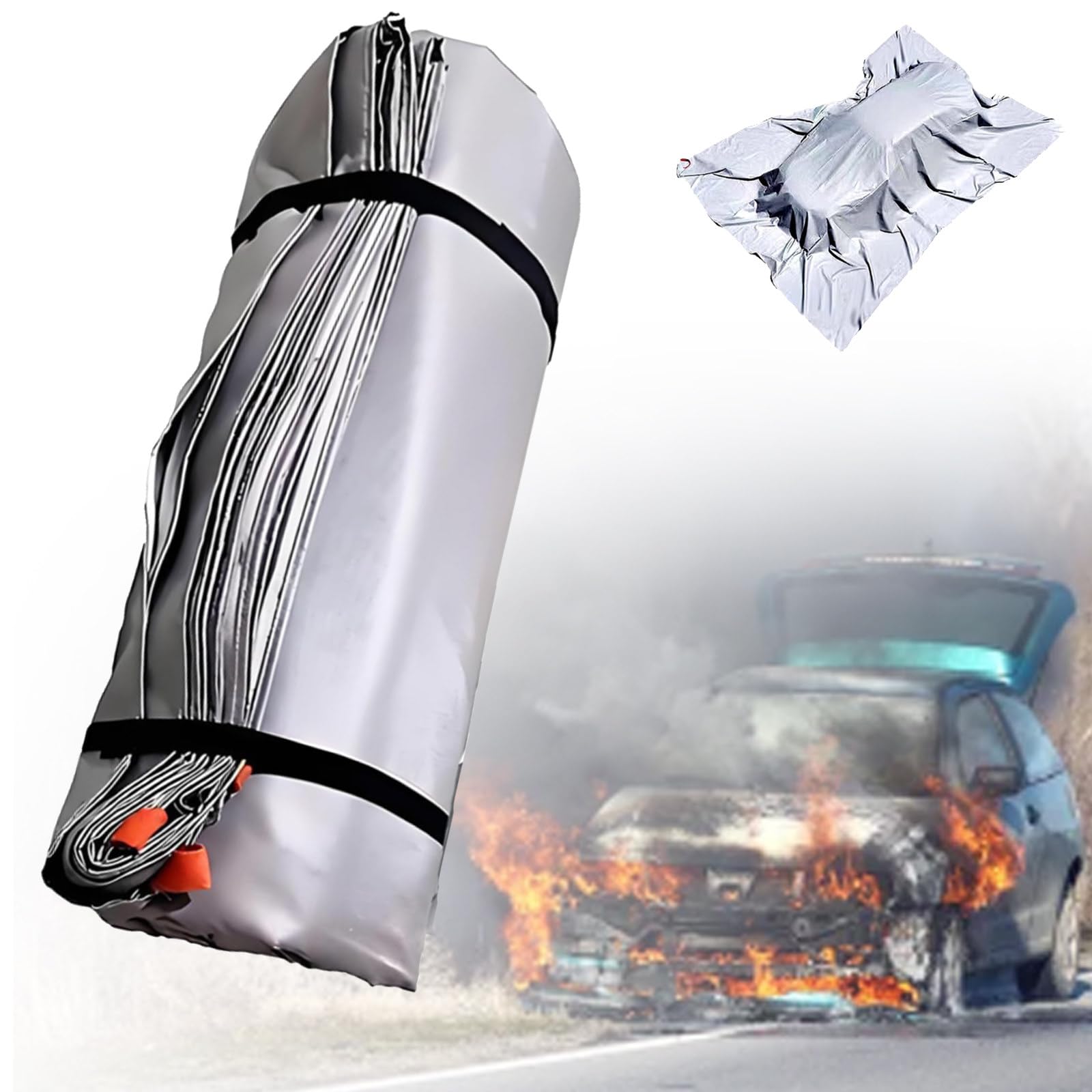Car Fire Blanket for Electric & Gas Vehicles, 1100°C Reusable Emergency Fire Suppression Blanket, Fiberglass + Double-Sided Silicone Survival Safe Blanket, Vehicle Accident 6*9m/19.7*29.5ft