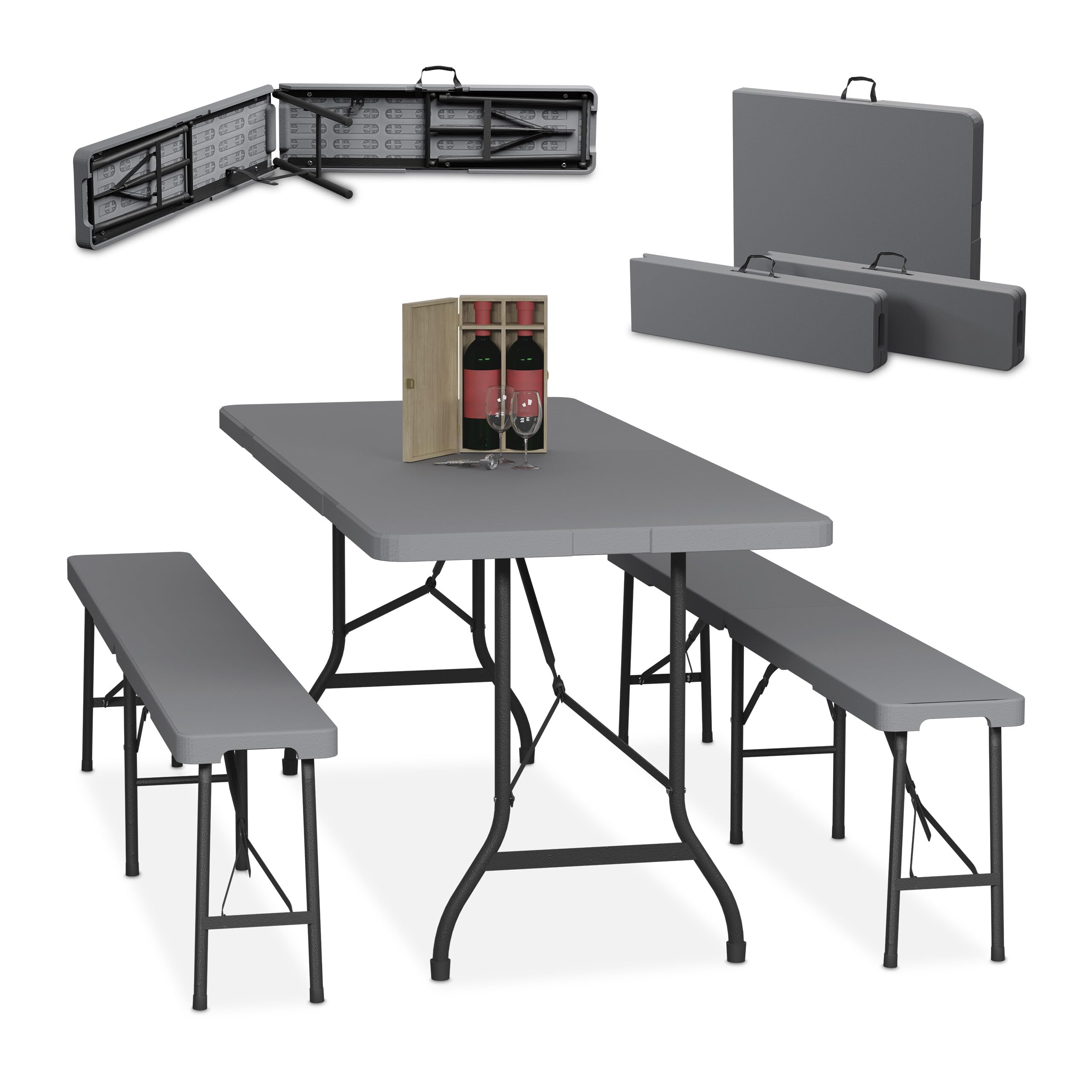 Relaxdays Ensemble Table Pliante et 2 bancs, pour Jardin, pavillon ou Camping, 180 cm, pour Les fêtes, Gris
