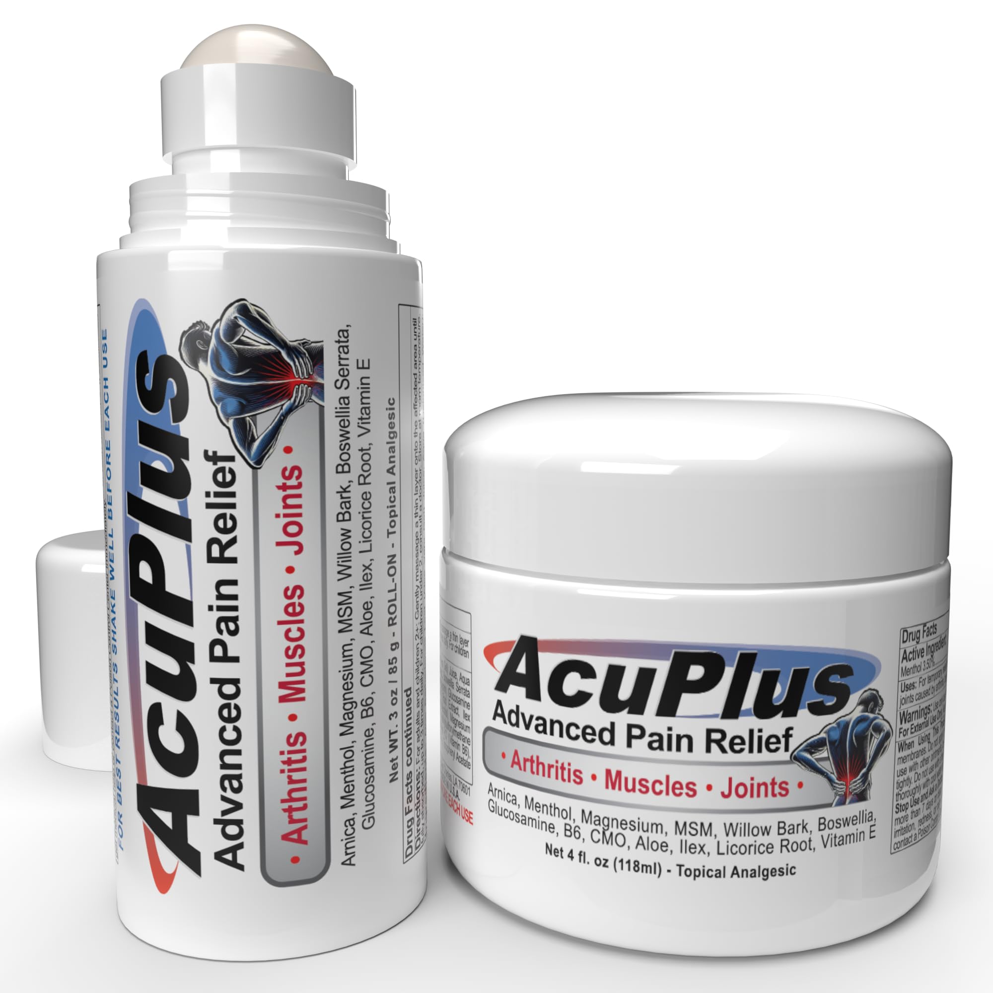 AcuPlus - Topical Pain Relief Anti Inflammatory Cream & Roll On Combo - Soothes Muscles & Joints - Muscle Rub Cream for Arthritis, Bursitis, & Tendonitis - 4 oz. Jar & 3 fl. oz. Roll On